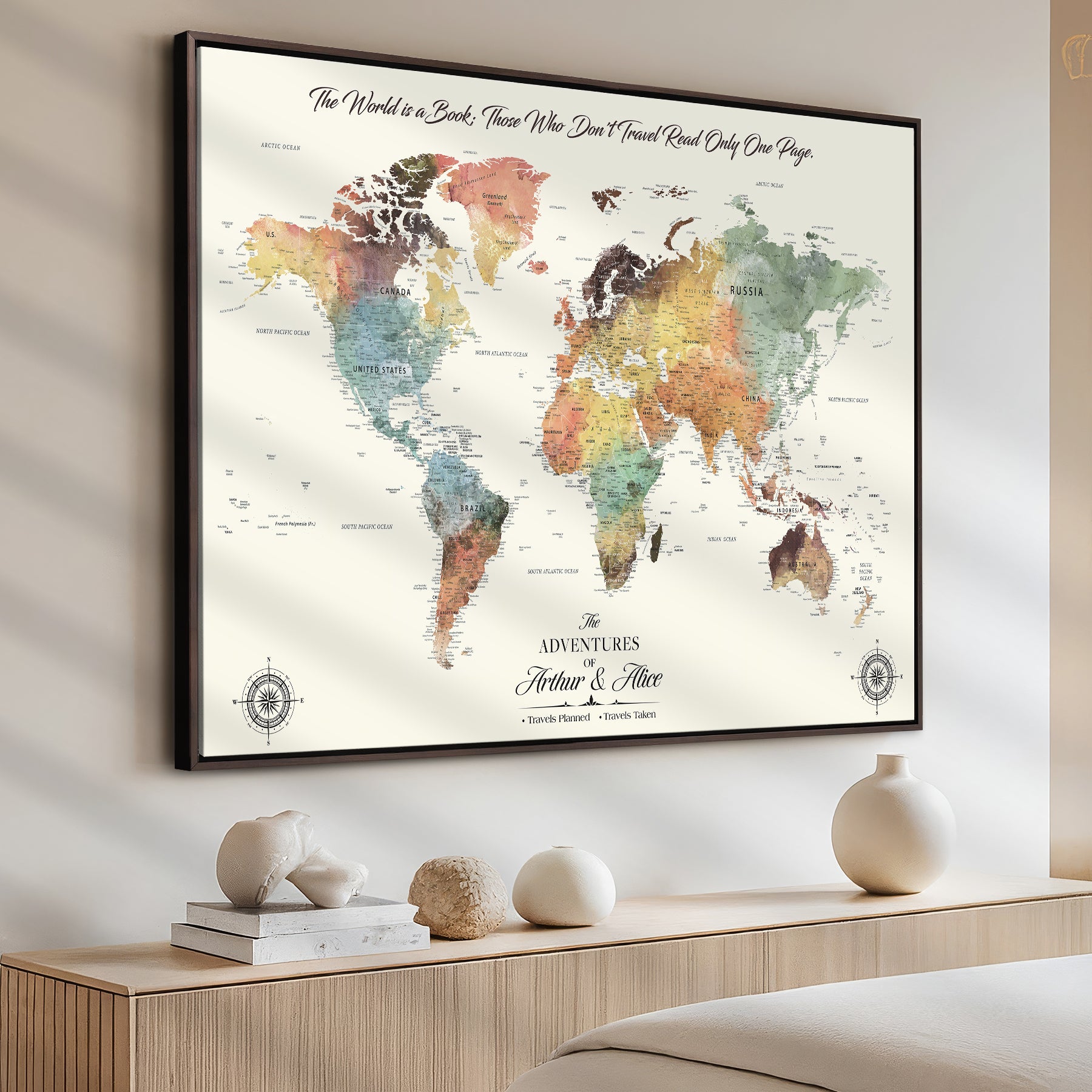 40183091-MGV-CV-36X24-Custom Framed World Map Canvas Print – Personalized Push Pin Travel Tracker Gift for Couples, Weddings, or Anniversary Celebrations
