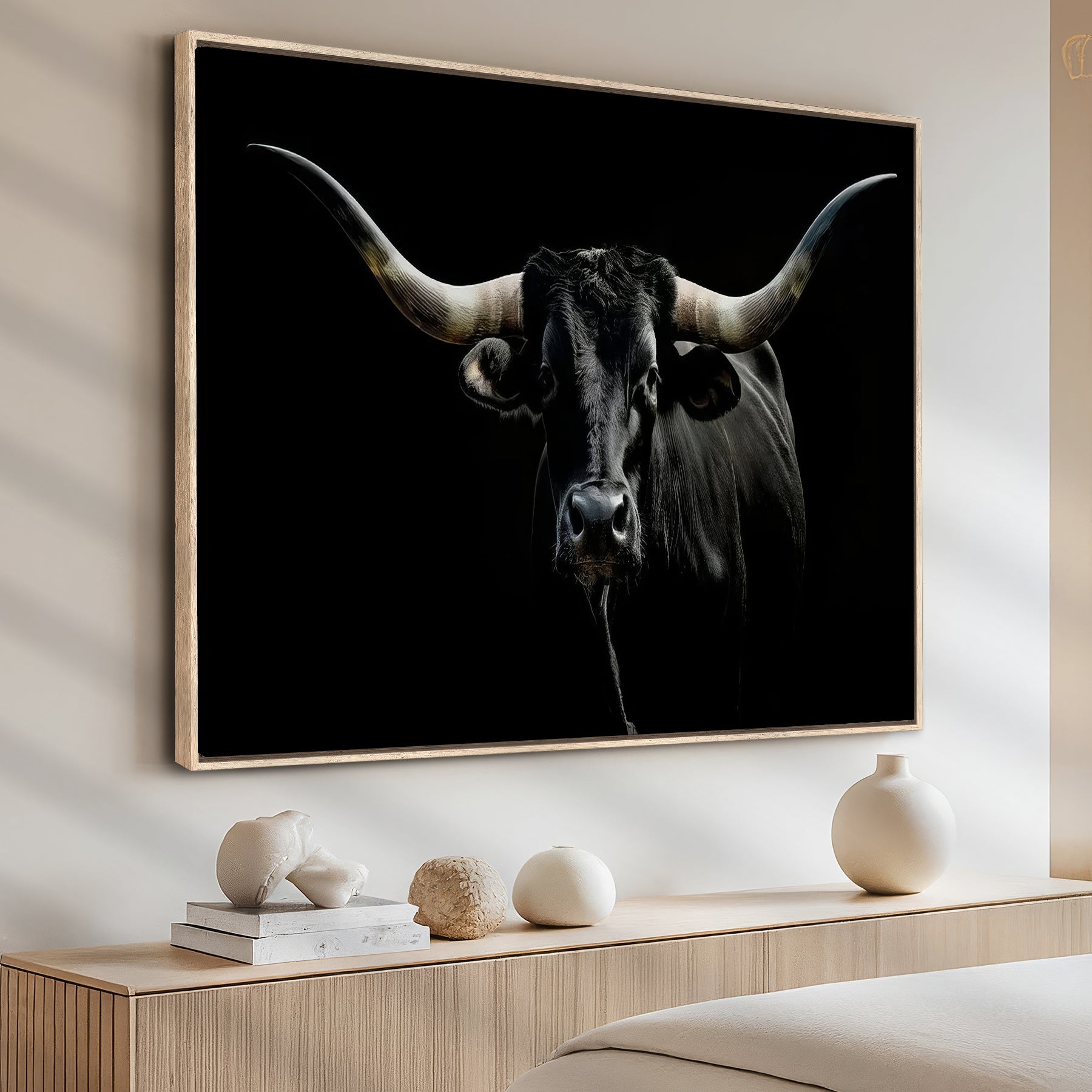 20679-MGV-CV-36X24-Texas Black Longhorn Bull Wall Art Canvas Print - Western Texas Cattle Rustic Decor Print - Longhorn Cow Wall Art