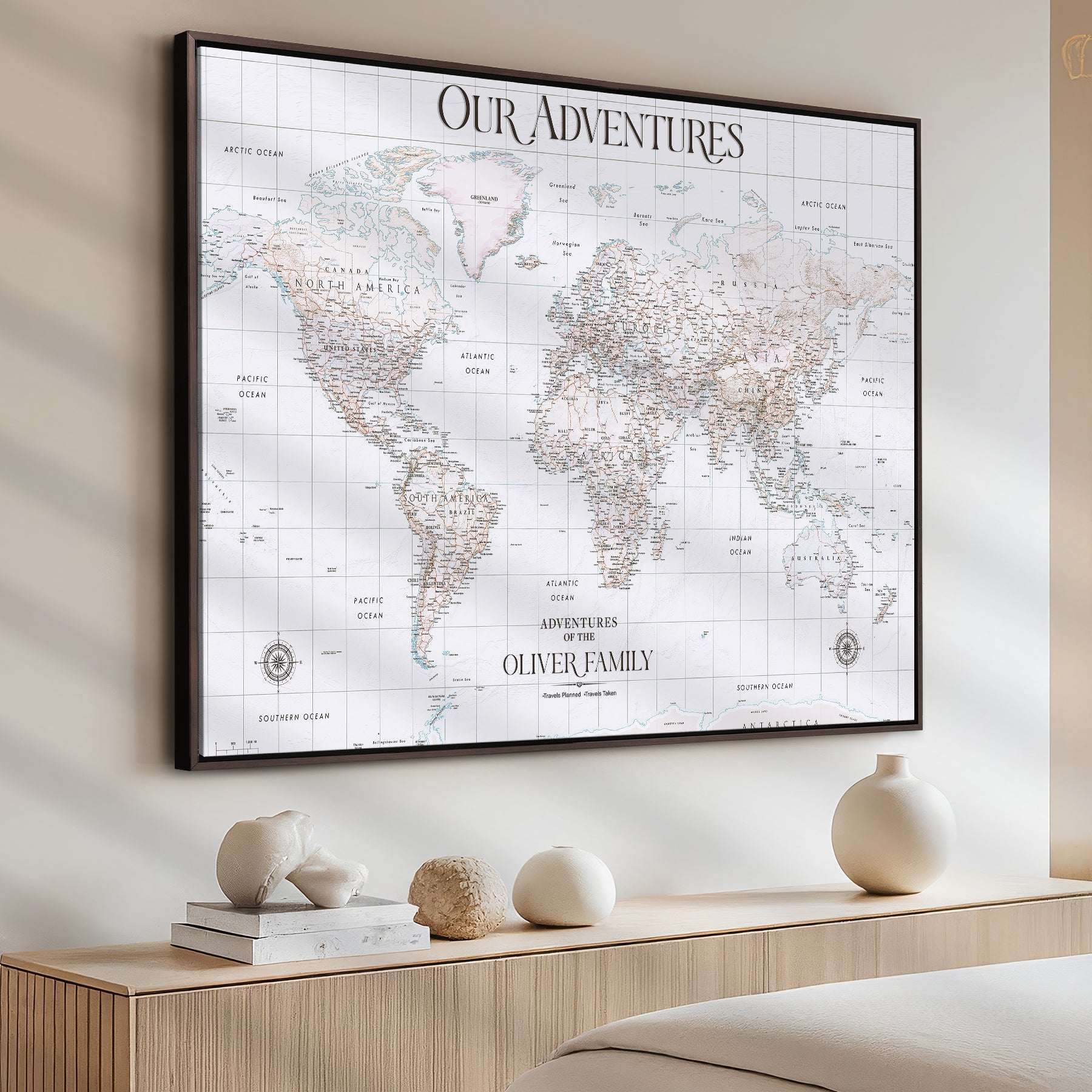 40041157-MGV-CV-36X24-Custom Push Pin World Map Wall Canvas Print – Personalized Travel Tracker with Pins – Framed Large Multi-Size Canvas for Home Office Decor