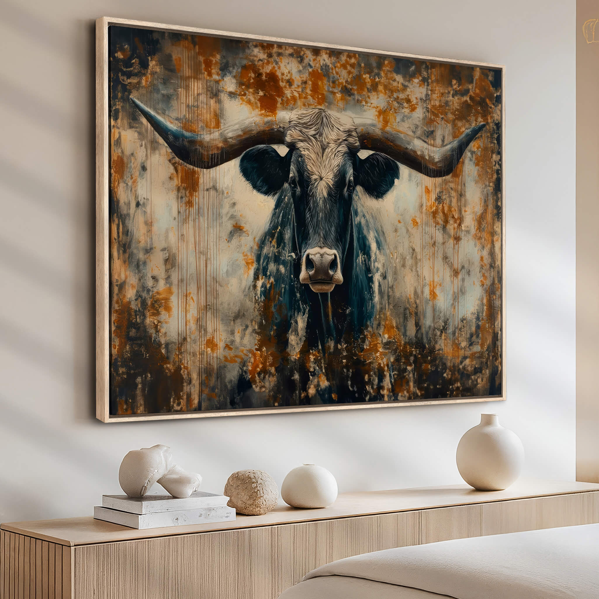 85913-MGV-CV-36X24-Abstract Longhorn Bull Wall Art | Rustic Western Wall Decor | Framed and Ready to Hang | Ideal for Farmhouse, Lodge, and Barn Decor