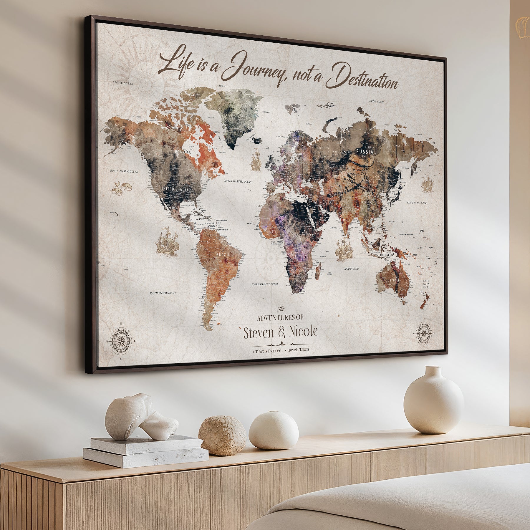 96000140-MGV-CV-36X24-Custom Push Pin World Map Wall Canvas Print – Personalized Travel Tracker with Pins – Framed Large Multi-Size Canvas for Home Office Decor