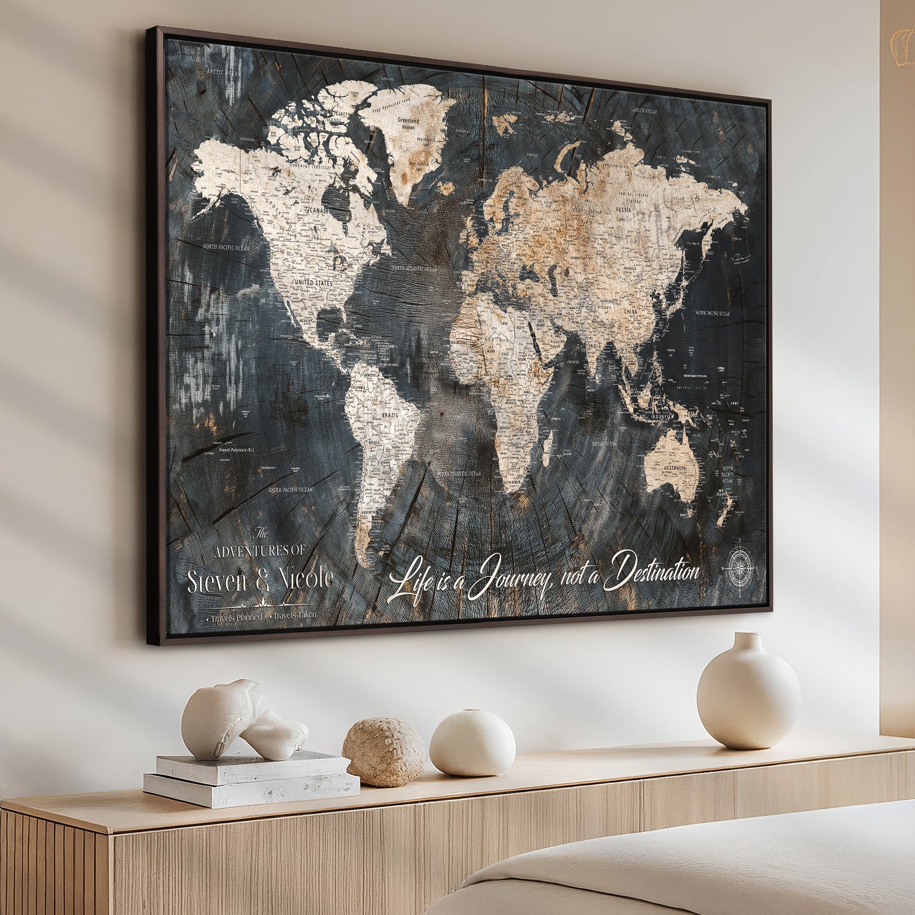 13001721-MGV-CV-36X24-Custom Push Pin World Map Wall Canvas Print – Personalized Travel Tracker with Pins – Framed Large Multi-Size Canvas for Home Office Decor