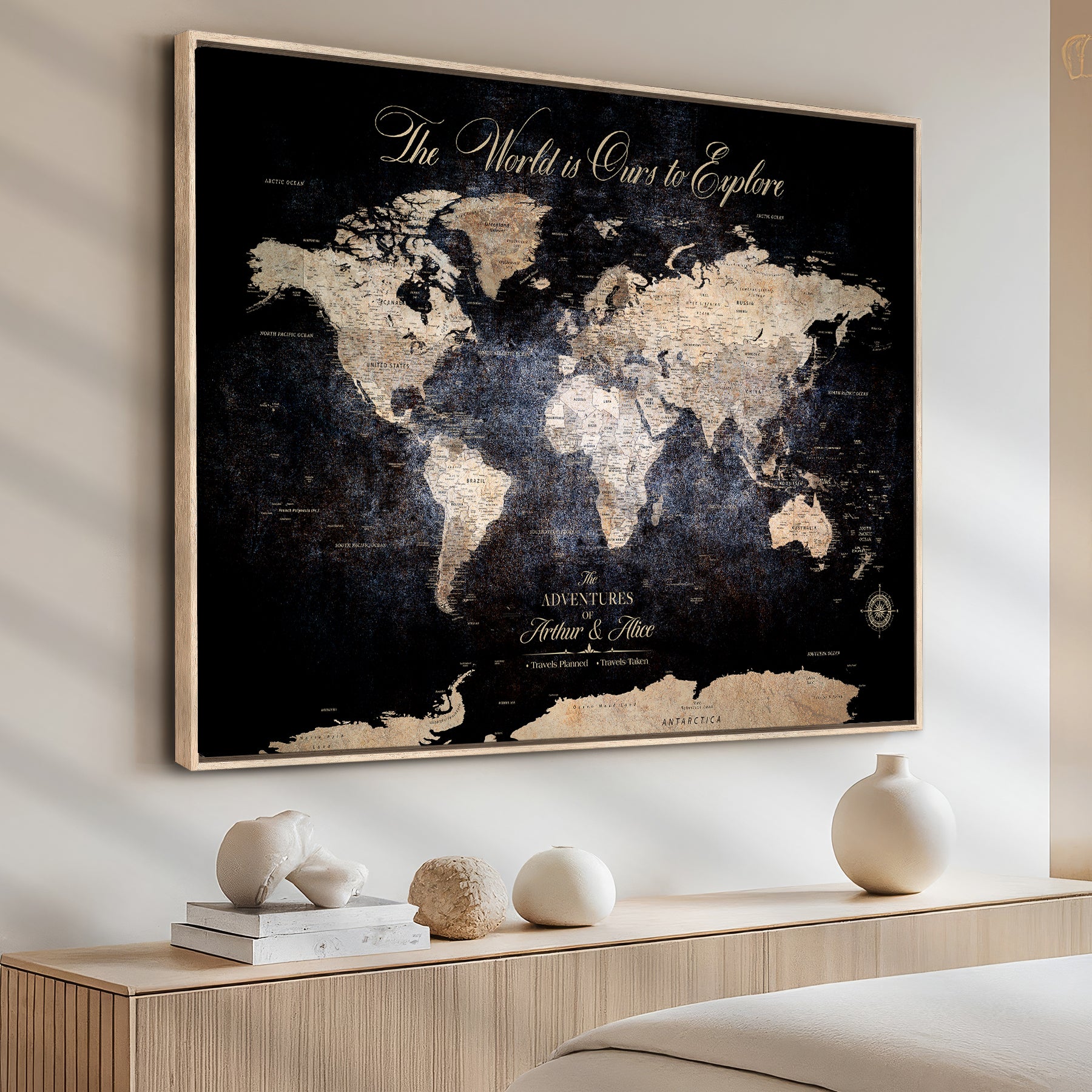 21010471-MGV-CV-36X24-Customize Push Pin World Map Wall Canvas Print, Personalized Travel Tracker with Pins, Framed Large Canvas for Home Office Decor - H37