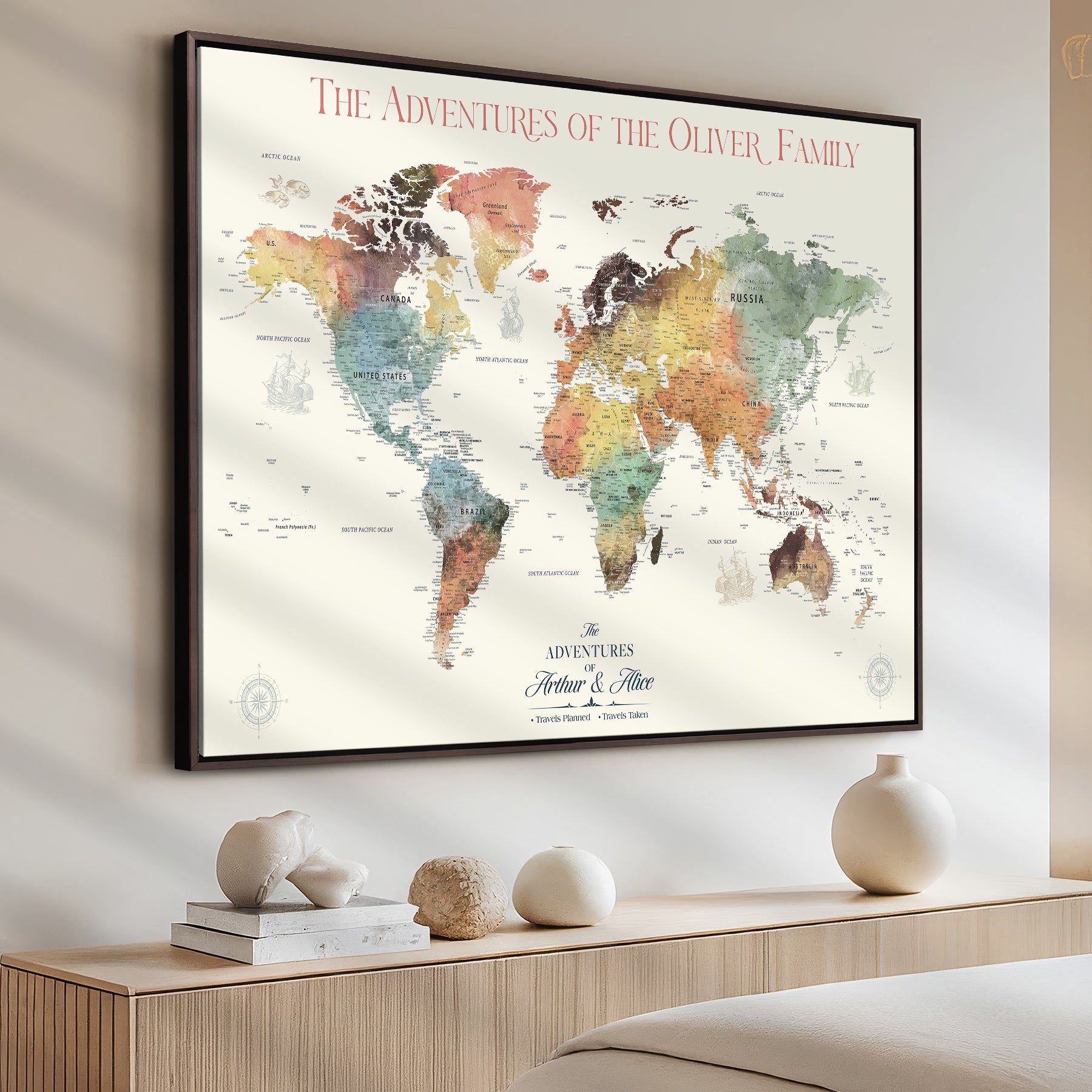21888361-MGV-CV-36X24-Personalized World Map Wall Art Print – Custom Push Pin Travel Tracker Wall Art, Framed Gift for Couples, Anniversary, or Housewarming