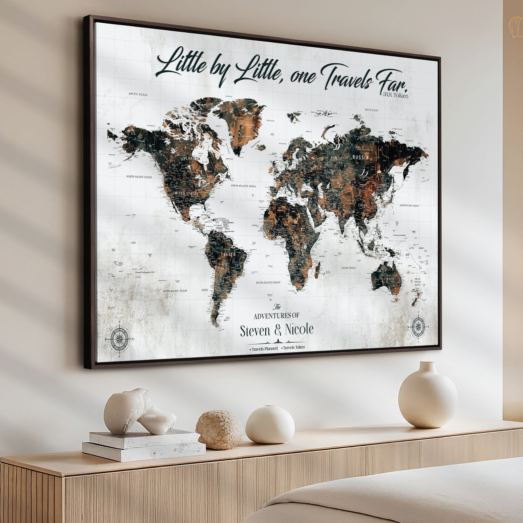 89231588-MGV-CV-36X24-Custom Push Pin World Map Wall Canvas Print – Personalized Travel Tracker with Pins – Framed Large Multi-Size Canvas for Home Office Decor