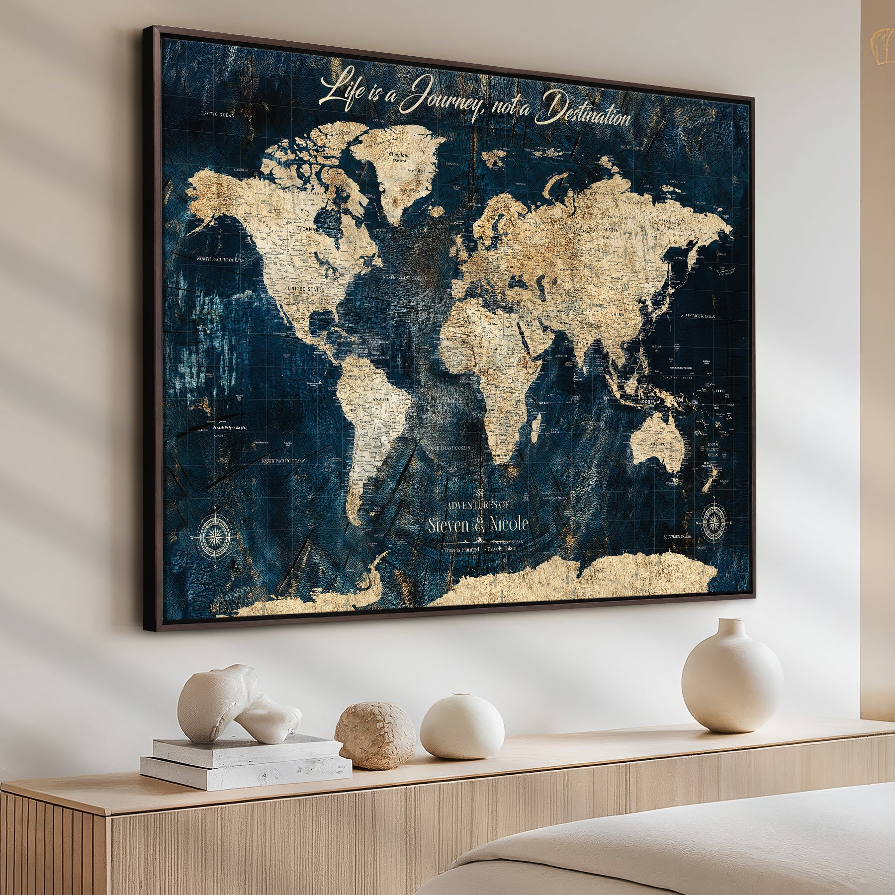 23551206-MGV-CV-36X24-Custom Push Pin World Map Wall Canvas Print – Personalized Travel Tracker with Pins – Framed Large Multi-Size Canvas for Home Office Decor