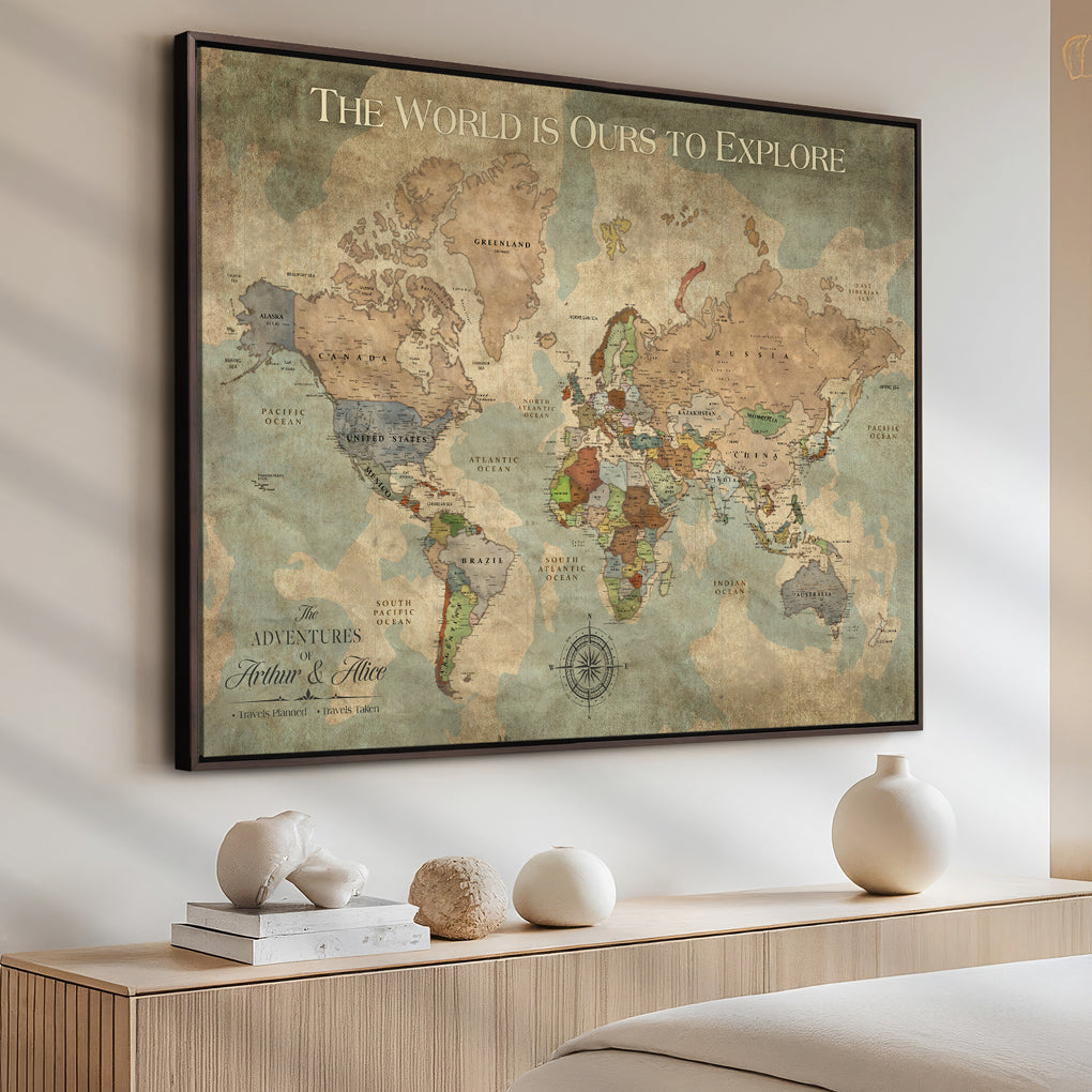 45566494-MGV-CV-36X24-Framed Personalized Push Pin World Map Custom Travel Wall Art Gift Anniversary Canvas for Home Decoration Adventure Collectors