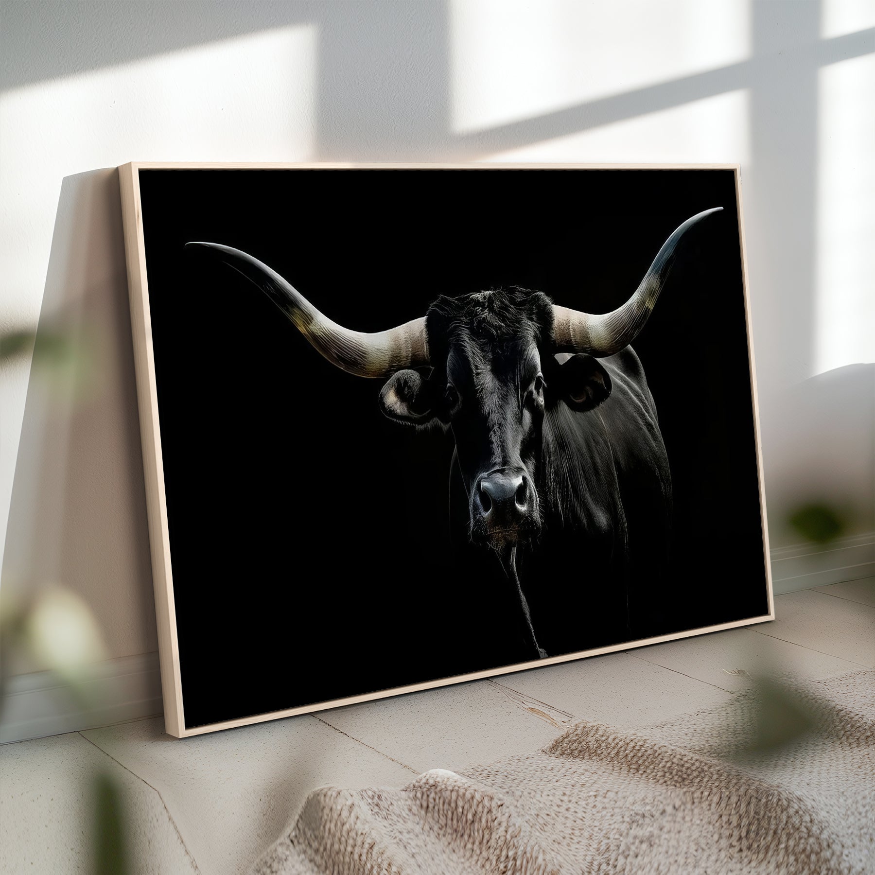 20679-MGV-CV-36X24-Texas Black Longhorn Bull Wall Art Canvas Print - Western Texas Cattle Rustic Decor Print - Longhorn Cow Wall Art