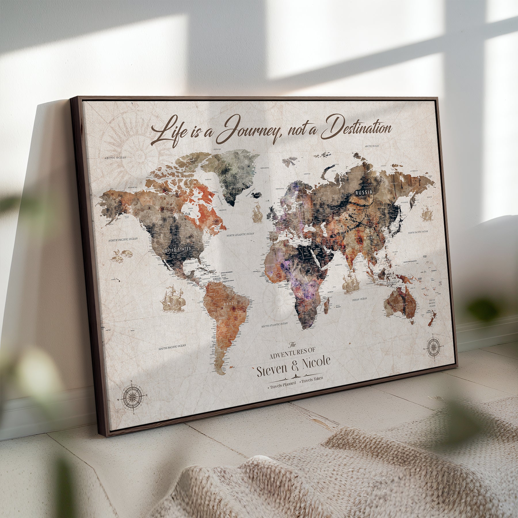 96000140-MGV-CV-36X24-Custom Push Pin World Map Wall Canvas Print – Personalized Travel Tracker with Pins – Framed Large Multi-Size Canvas for Home Office Decor