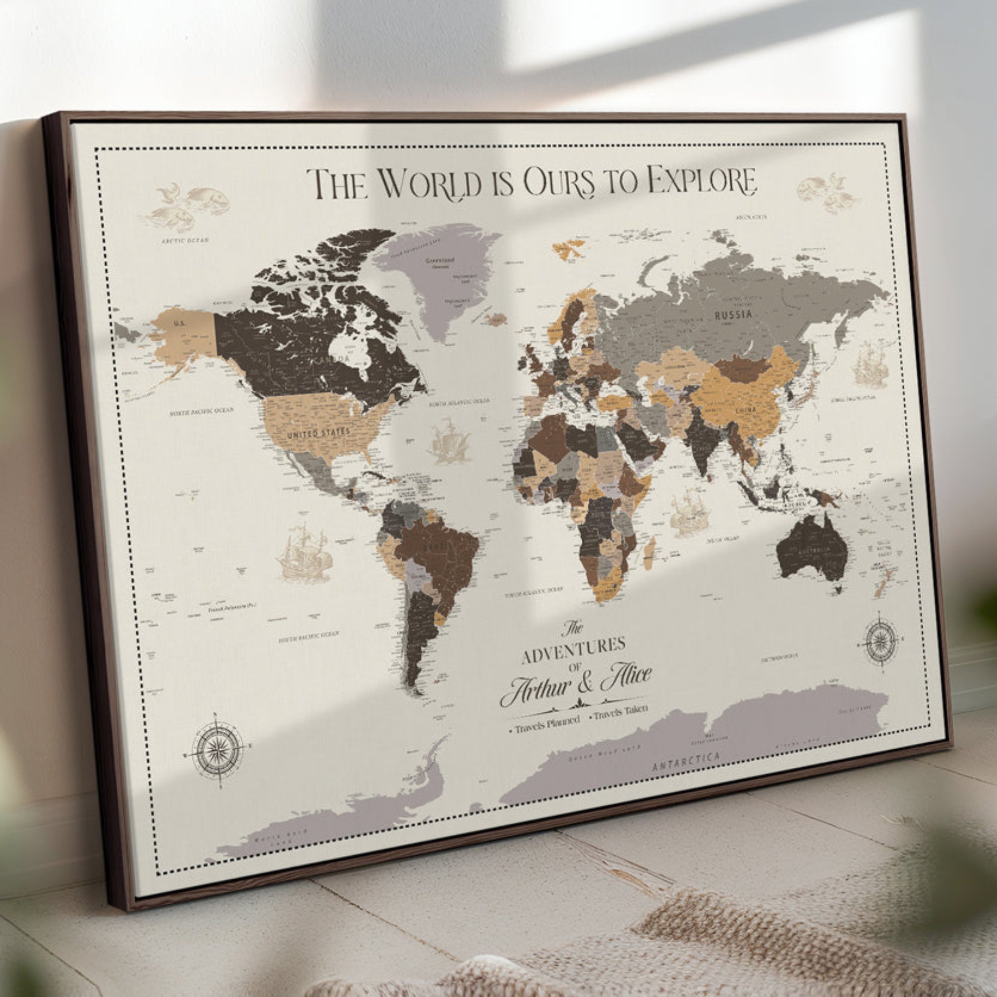 -Personalized Push Pin World Map Canvas – Custom Framed Travel Tracker Wall Art, Large Adventure Map with Pins for Home, Office