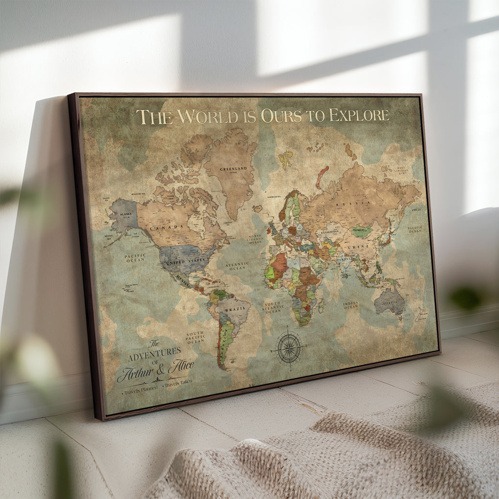 45566494-MGV-CV-36X24-Framed Personalized Push Pin World Map Custom Travel Wall Art Gift Anniversary Canvas for Home Decoration Adventure Collectors
