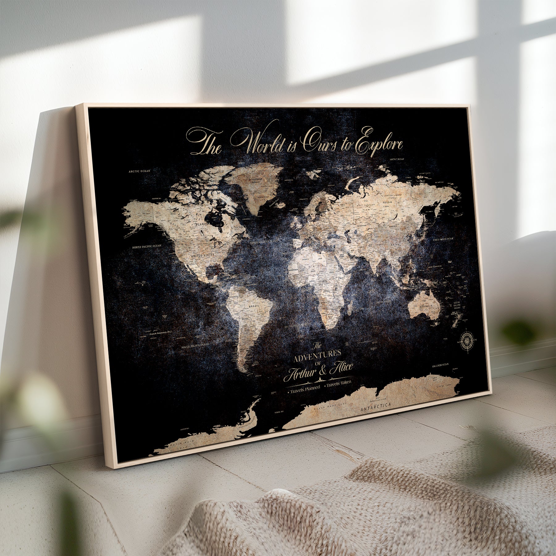21010471-MGV-CV-36X24-Customize Push Pin World Map Wall Canvas Print, Personalized Travel Tracker with Pins, Framed Large Canvas for Home Office Decor - H37