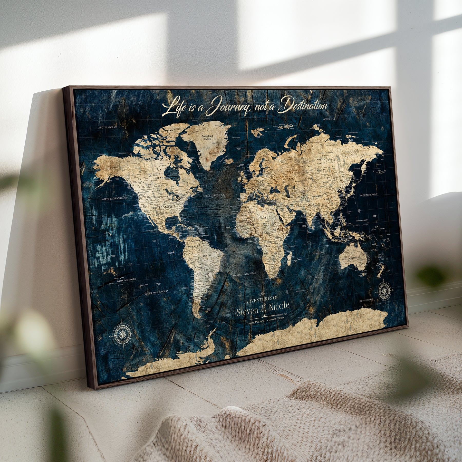 23551206-MGV-CV-36X24-Custom Push Pin World Map Wall Canvas Print – Personalized Travel Tracker with Pins – Framed Large Multi-Size Canvas for Home Office Decor