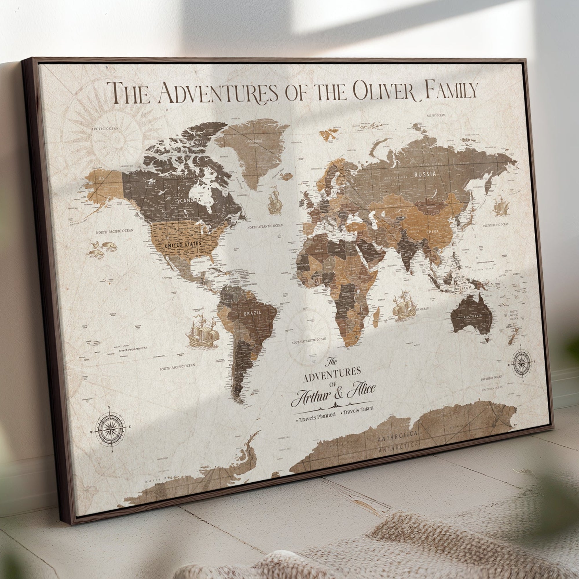 84483613-MGV-CV-36X24-Personalized Push Pin World Map Canvas Print Custom Family Travel Tracker Map Framed Adventure Gift for Couples Home Office