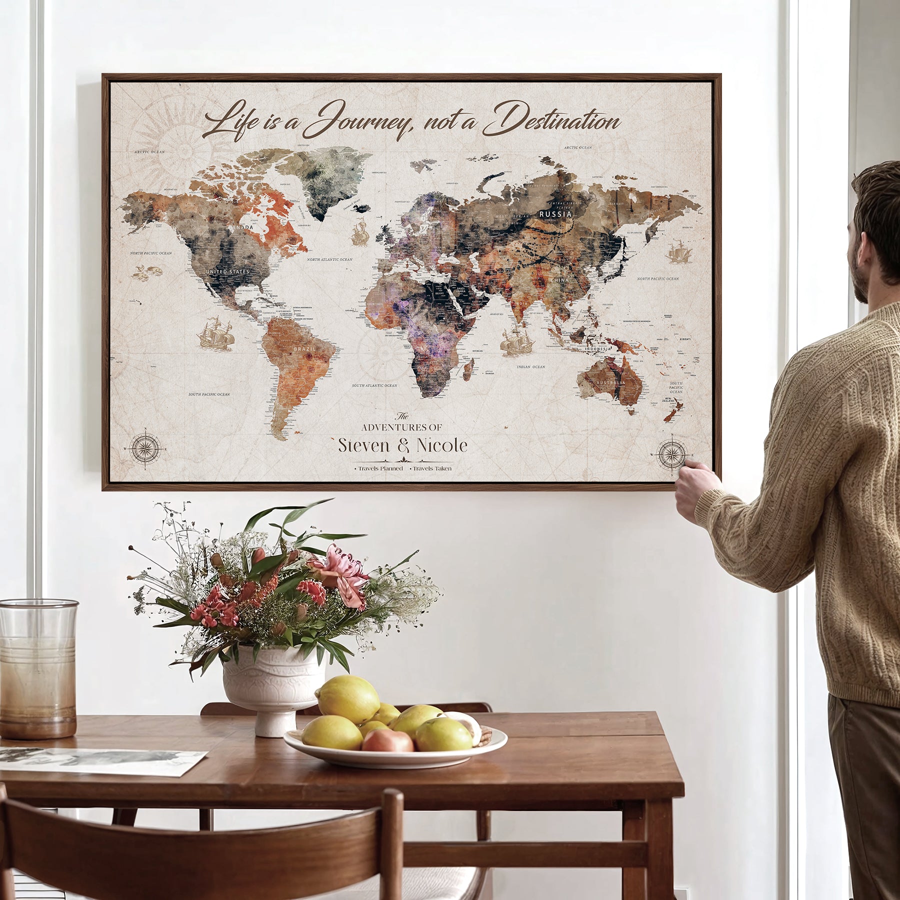 96000140-MGV-CV-36X24-Custom Push Pin World Map Wall Canvas Print – Personalized Travel Tracker with Pins – Framed Large Multi-Size Canvas for Home Office Decor