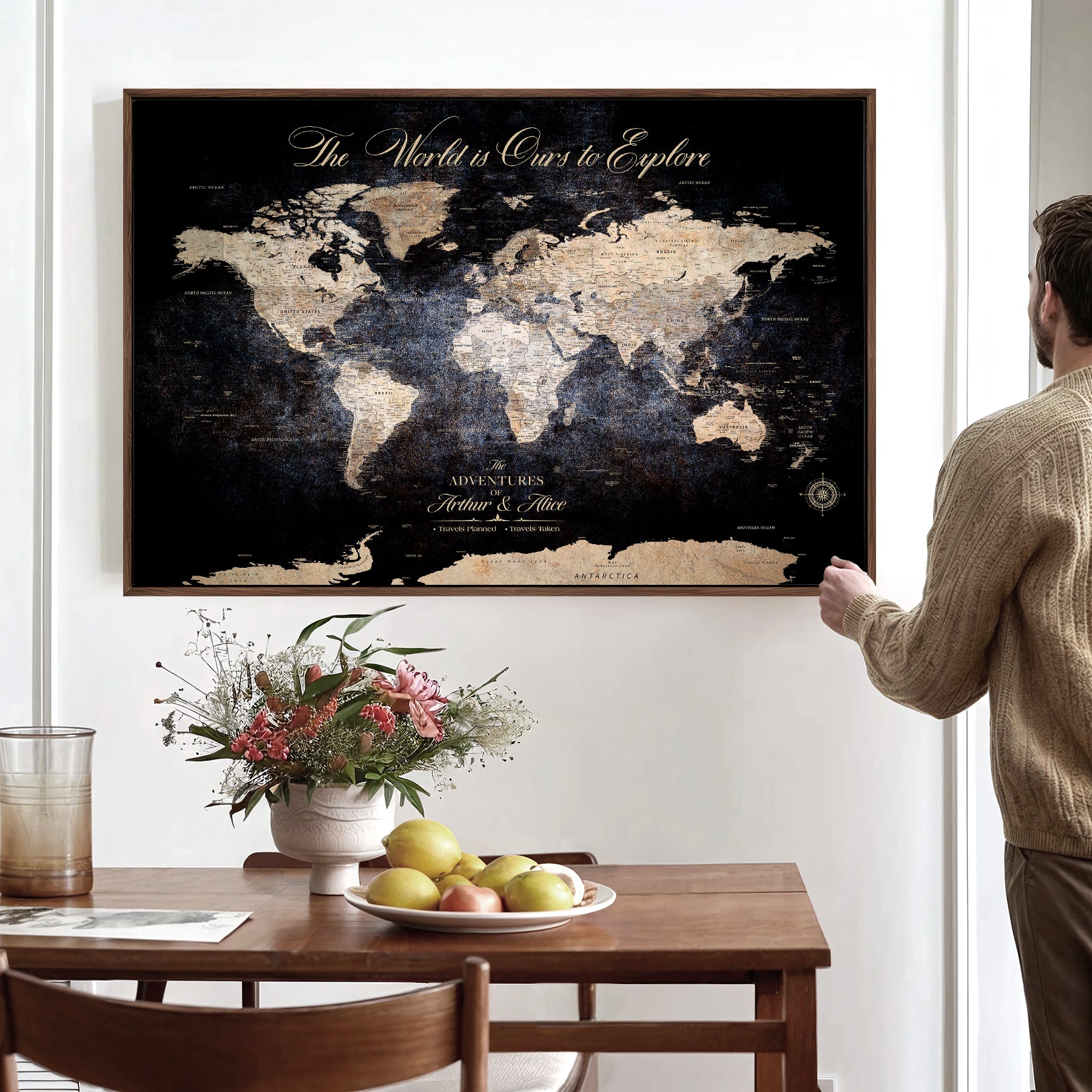 21010471-MGV-CV-36X24-Customize Push Pin World Map Wall Canvas Print, Personalized Travel Tracker with Pins, Framed Large Canvas for Home Office Decor - H37