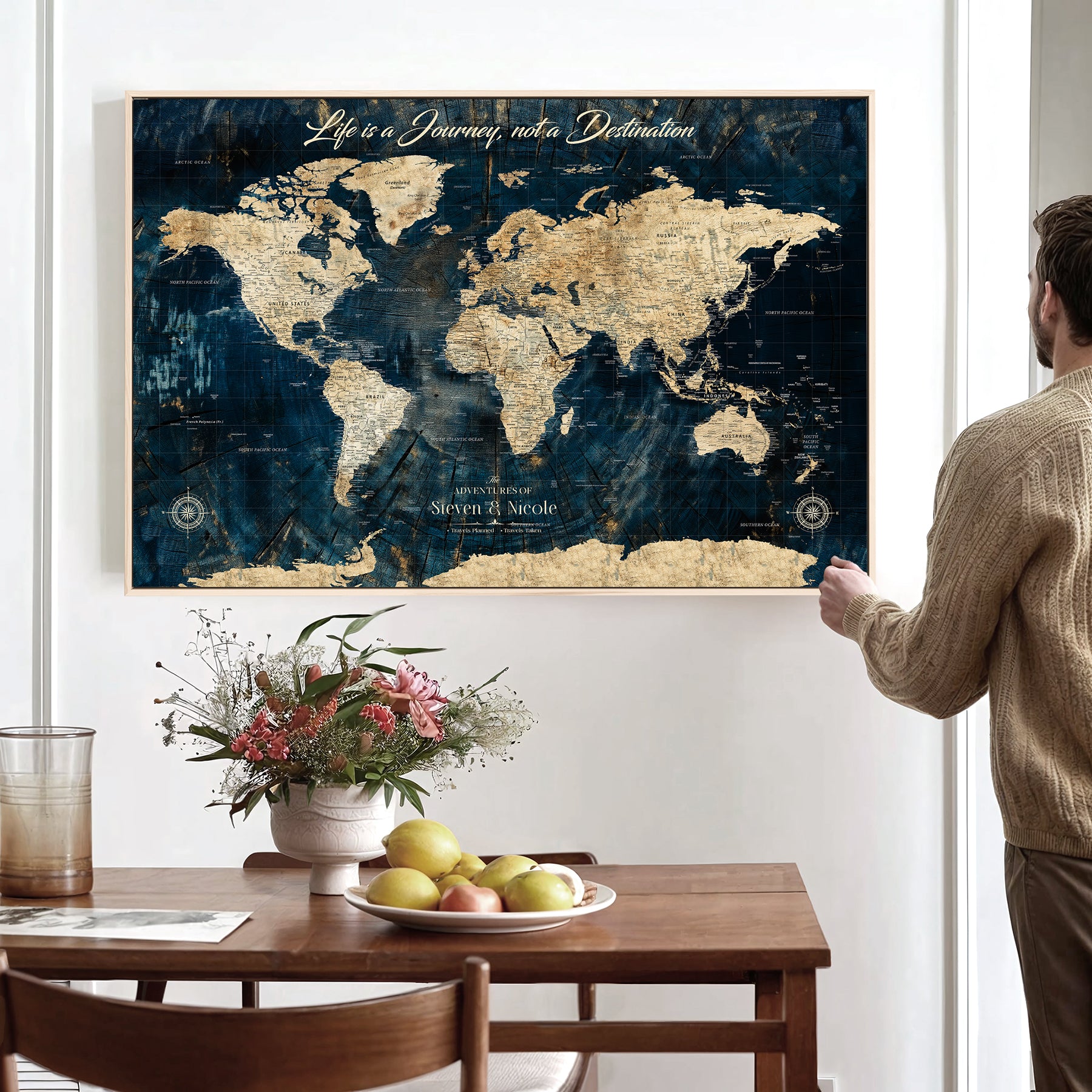 23551206-MGV-CV-36X24-Custom Push Pin World Map Wall Canvas Print – Personalized Travel Tracker with Pins – Framed Large Multi-Size Canvas for Home Office Decor