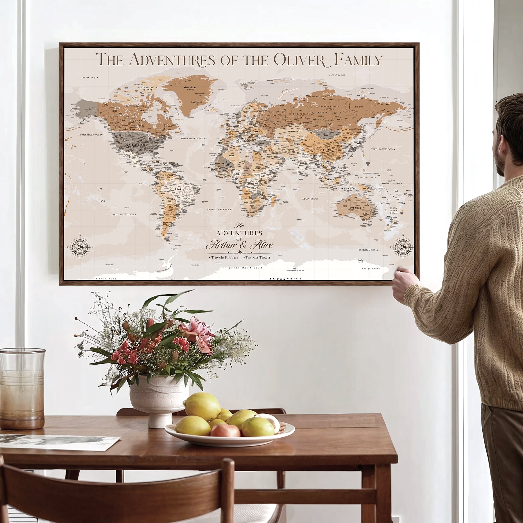 43101120-MGV-CV-36X24-World Travel Map with Pins – Push Pin Maps of Where I've Been, Framed Wall Map for Travel Memories, Old Style Decorative World Map - H10