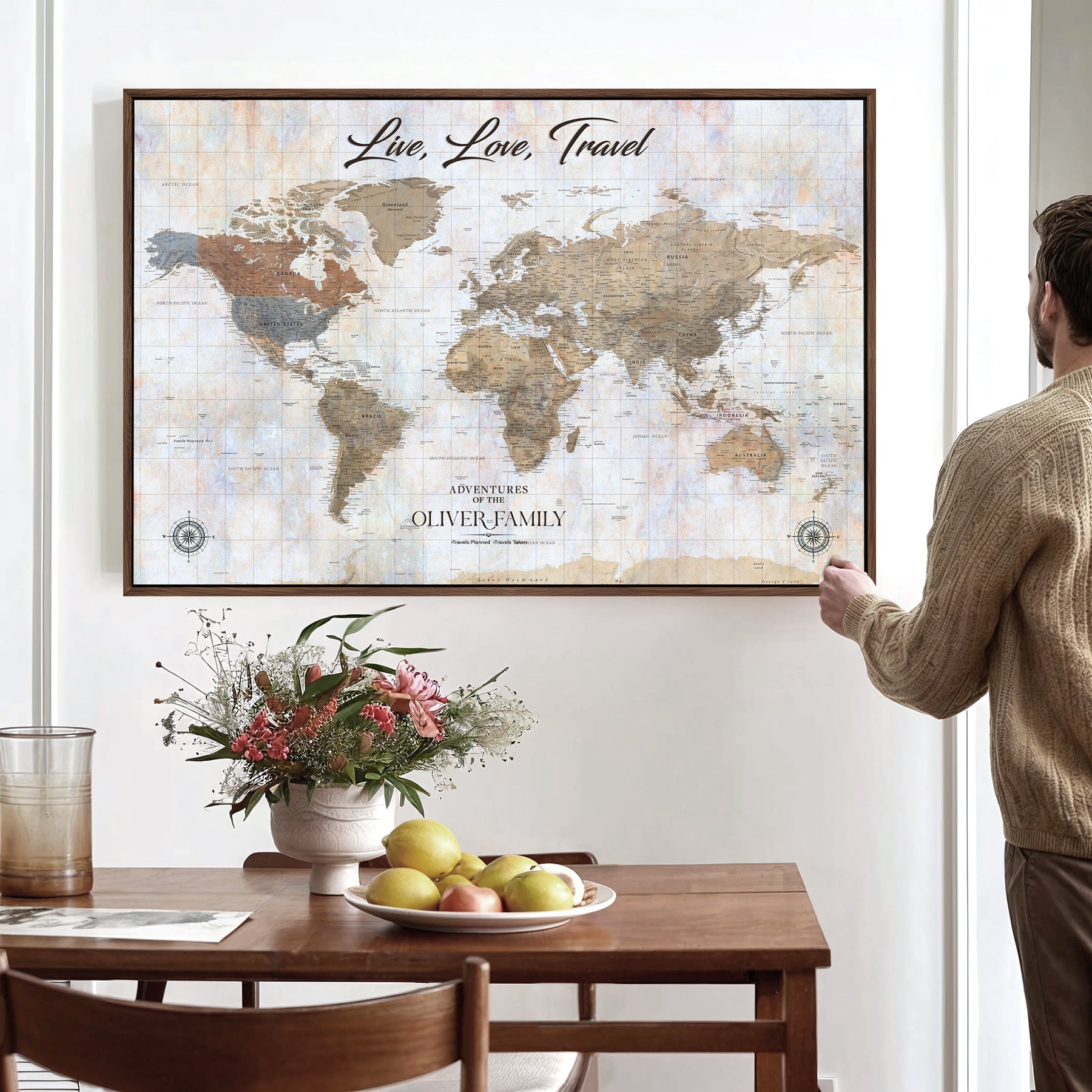 76256172-MGV-CV-36X24-Custom Push Pin World Map Wall Canvas Print – Personalized Travel Tracker with Pins – Framed Large Multi-Size Canvas for Home Office Decor