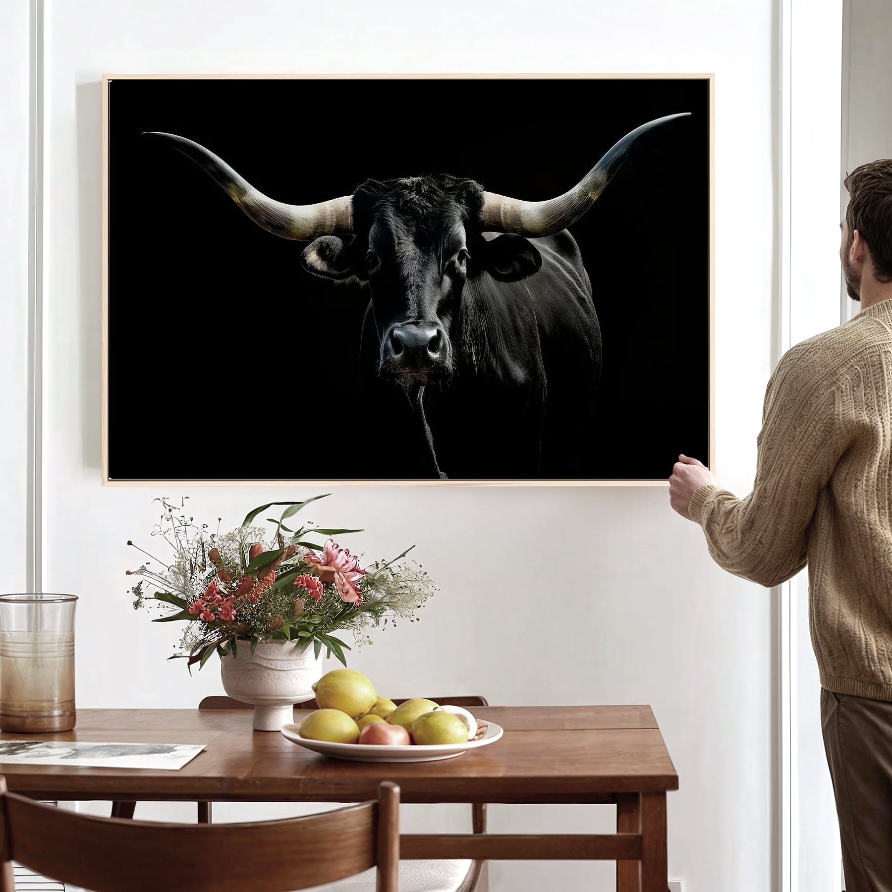 20679-MGV-CV-36X24-Texas Black Longhorn Bull Wall Art Canvas Print - Western Texas Cattle Rustic Decor Print - Longhorn Cow Wall Art