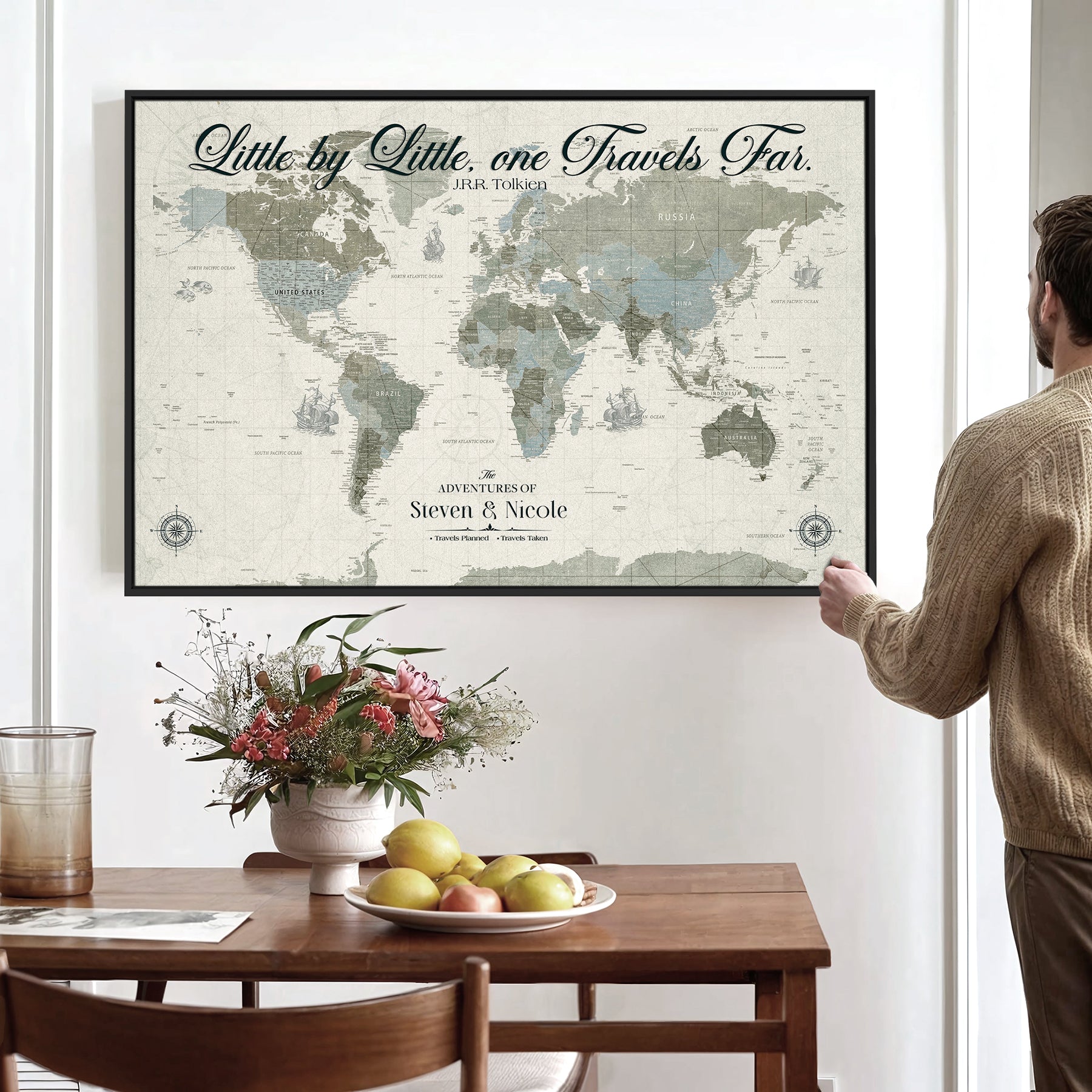 72081300-MGV-CV-36X24-Custom Push Pin World Map Wall Canvas Print – Personalized Travel Tracker with Pins – Framed Large Multi-Size Canvas for Home Office Decor