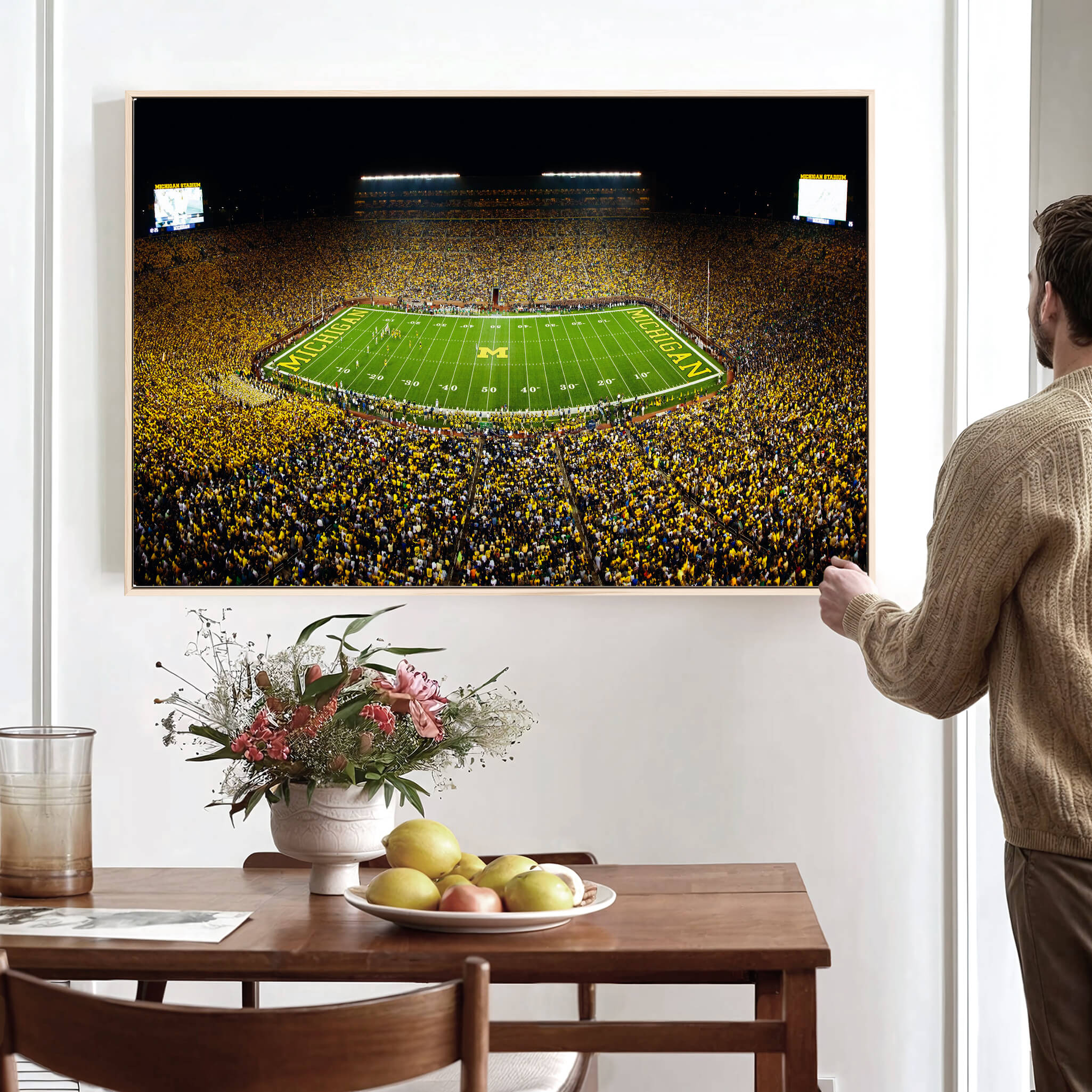 26166-MGV-CV-36X24-Michigan Wolverines Football Team Print - Michigan Stadium Night Game Canvas Wall Art - University of Michigan Football Match