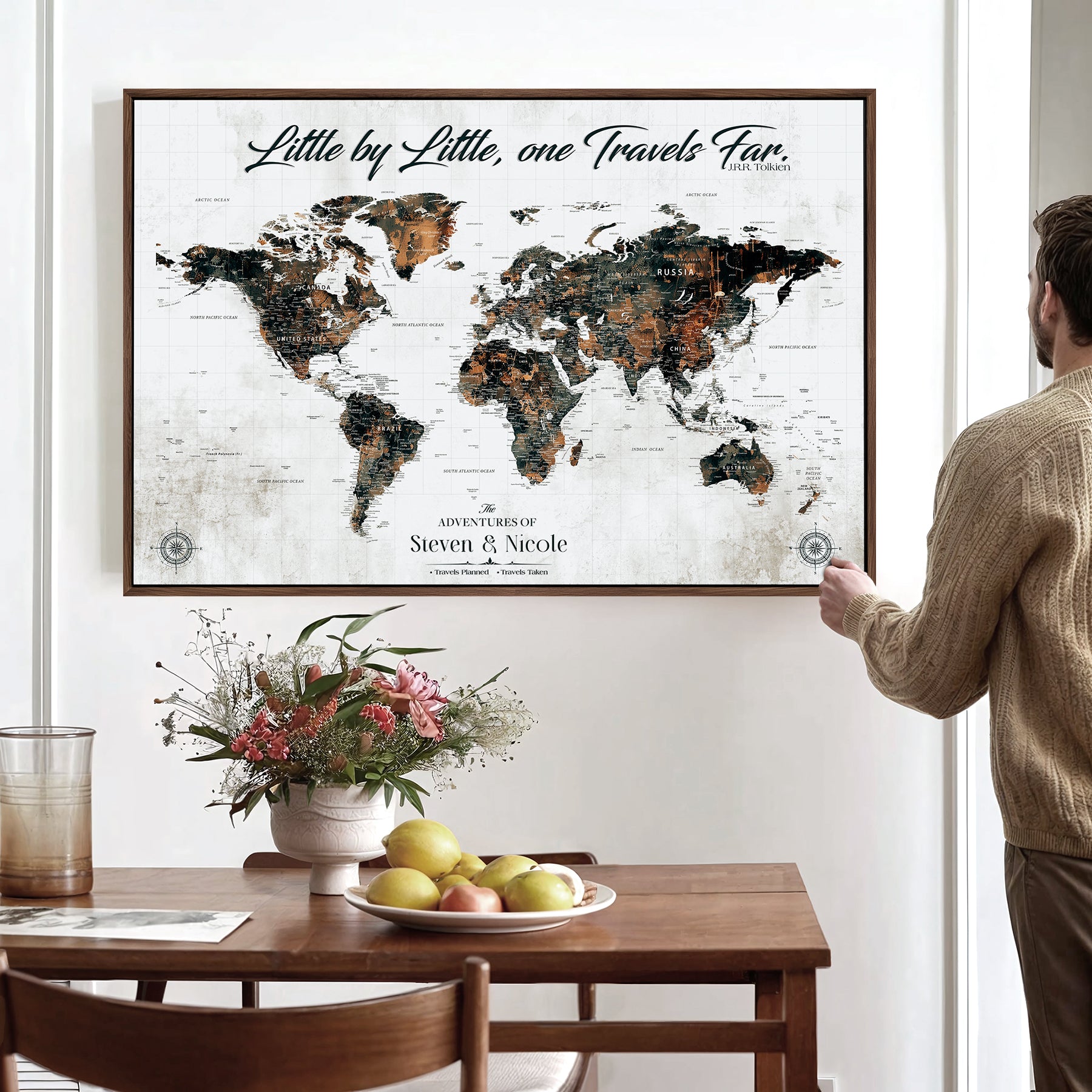 89231588-MGV-CV-36X24-Custom Push Pin World Map Wall Canvas Print – Personalized Travel Tracker with Pins – Framed Large Multi-Size Canvas for Home Office Decor