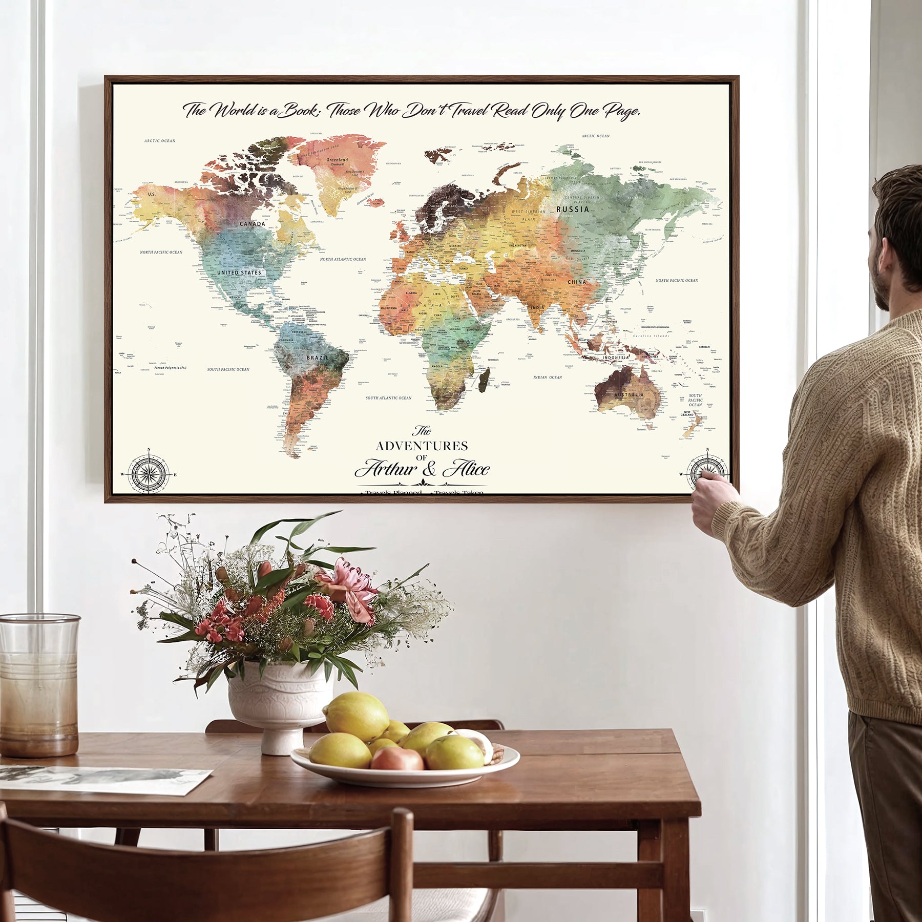 40183091-MGV-CV-36X24-Custom Framed World Map Canvas Print – Personalized Push Pin Travel Tracker Gift for Couples, Weddings, or Anniversary Celebrations