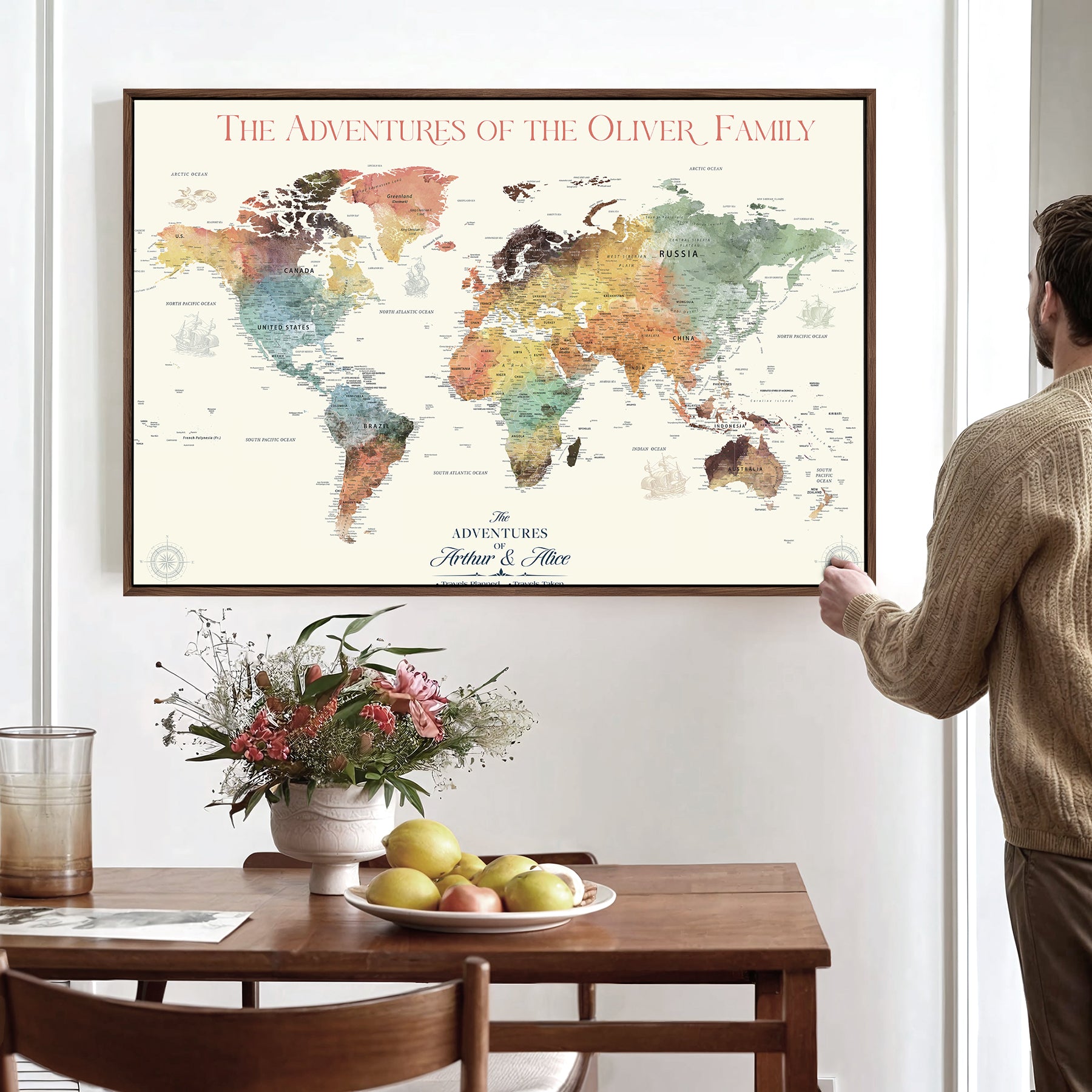 21888361-MGV-CV-36X24-Personalized World Map Wall Art Print – Custom Push Pin Travel Tracker Wall Art, Framed Gift for Couples, Anniversary, or Housewarming