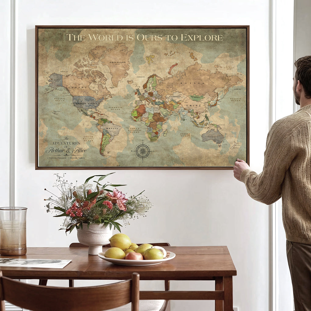 45566494-MGV-CV-36X24-Framed Personalized Push Pin World Map Custom Travel Wall Art Gift Anniversary Canvas for Home Decoration Adventure Collectors