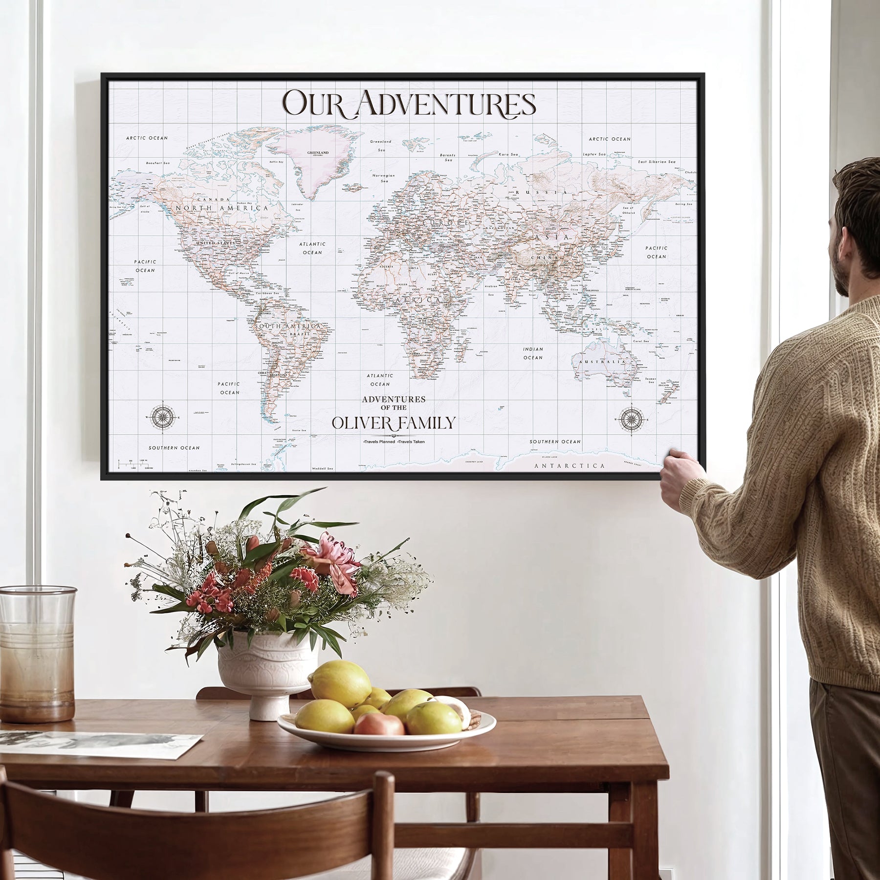 40041157-MGV-CV-36X24-Custom Push Pin World Map Wall Canvas Print – Personalized Travel Tracker with Pins – Framed Large Multi-Size Canvas for Home Office Decor