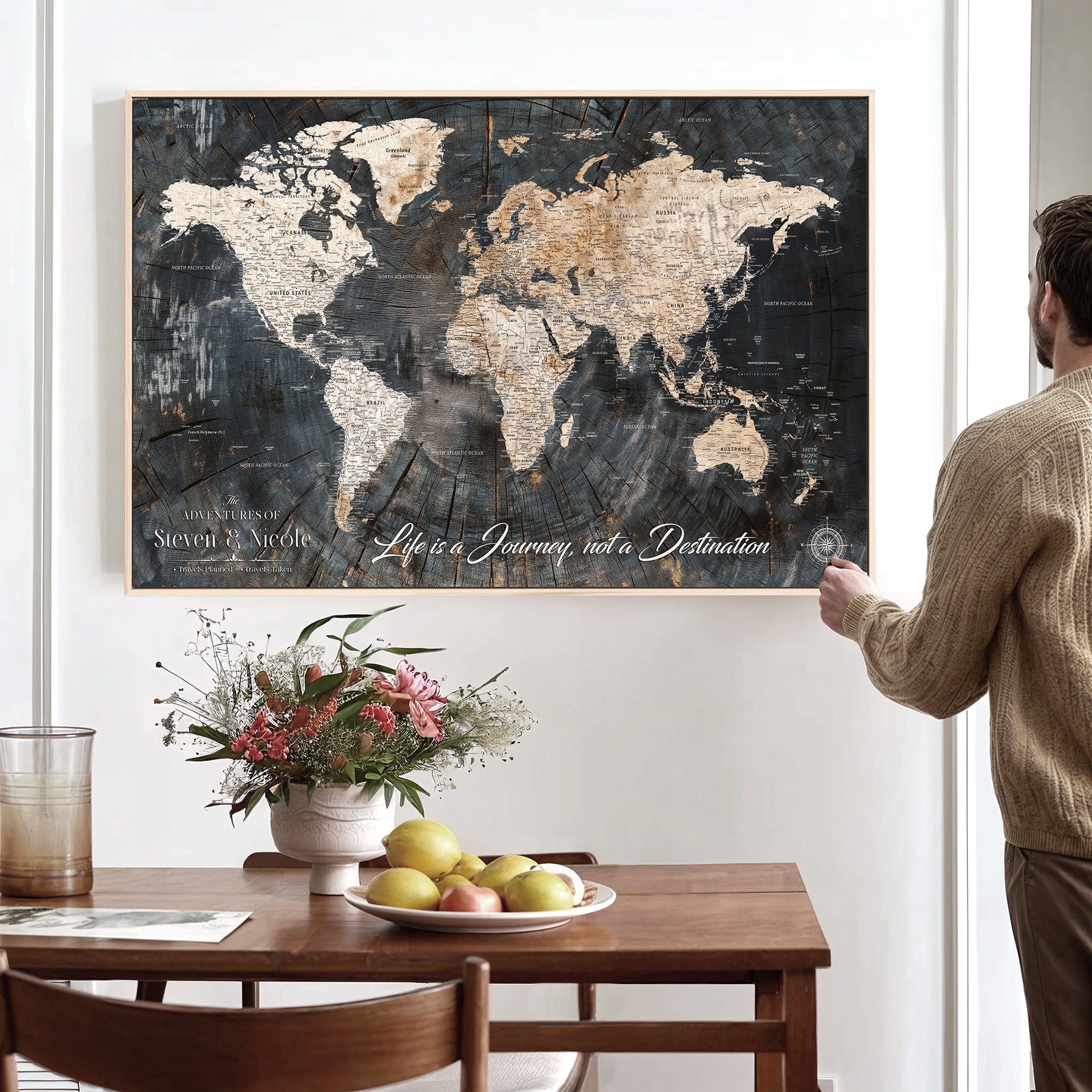 13001721-MGV-CV-36X24-Custom Push Pin World Map Wall Canvas Print – Personalized Travel Tracker with Pins – Framed Large Multi-Size Canvas for Home Office Decor