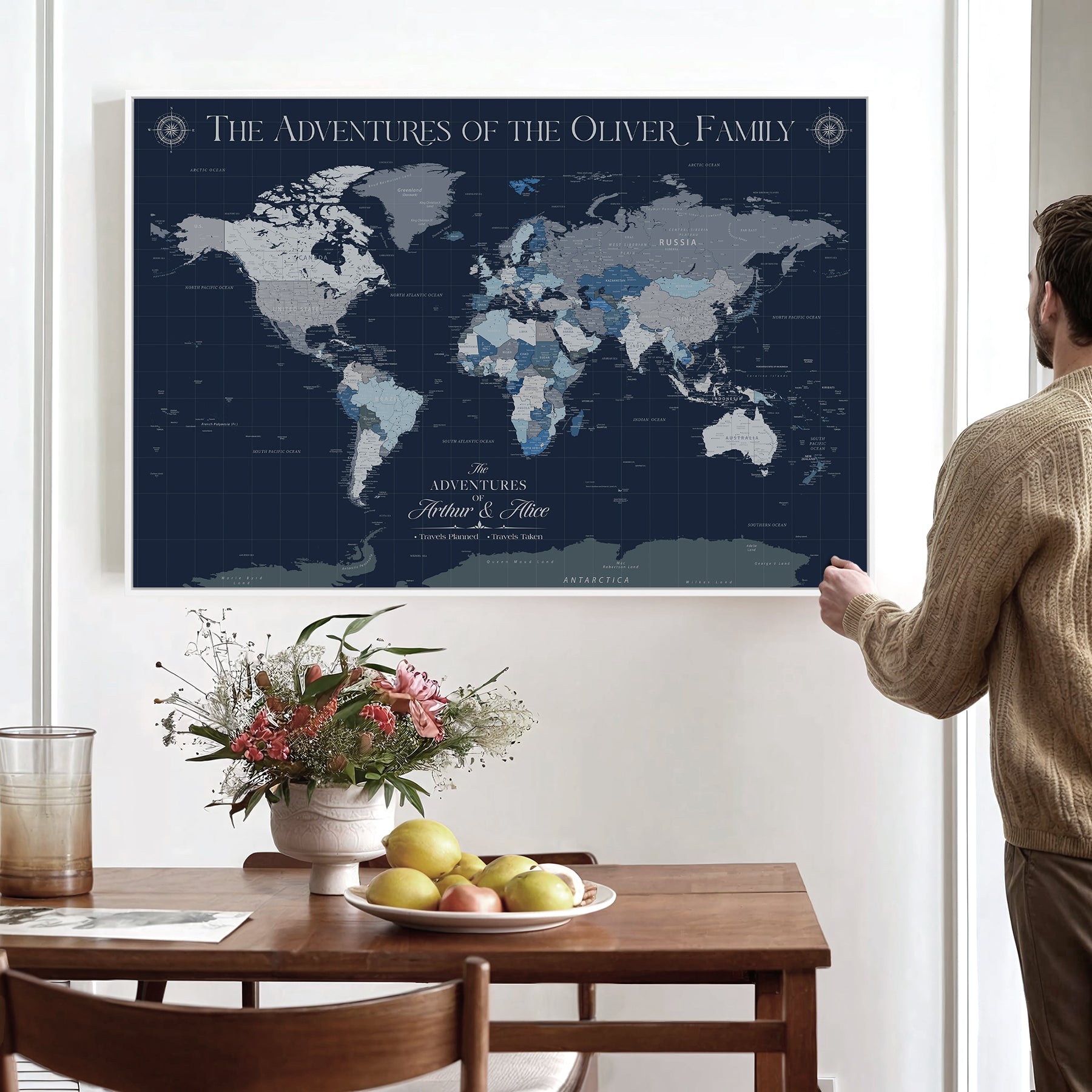 11352707-MGV-CV-36X24-Custom Push Pin World Map Wall Canvas Print – Personalized Travel Tracker with Pins – Framed Large Multi-Size Canvas for Home Office Decor