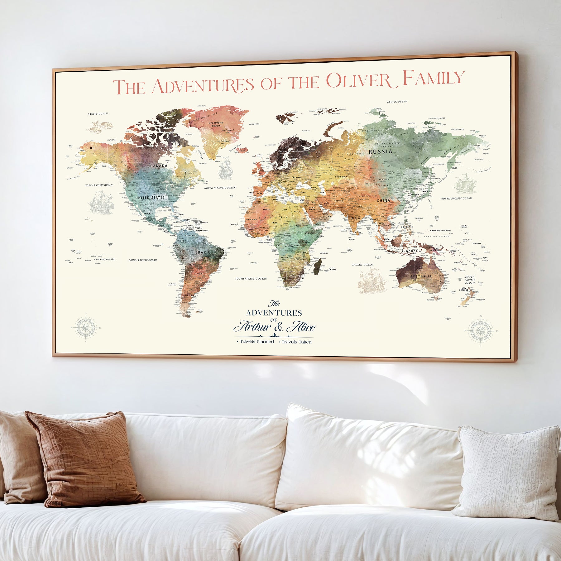 21888361-MGV-CV-36X24-Personalized World Map Wall Art Print – Custom Push Pin Travel Tracker Wall Art, Framed Gift for Couples, Anniversary, or Housewarming