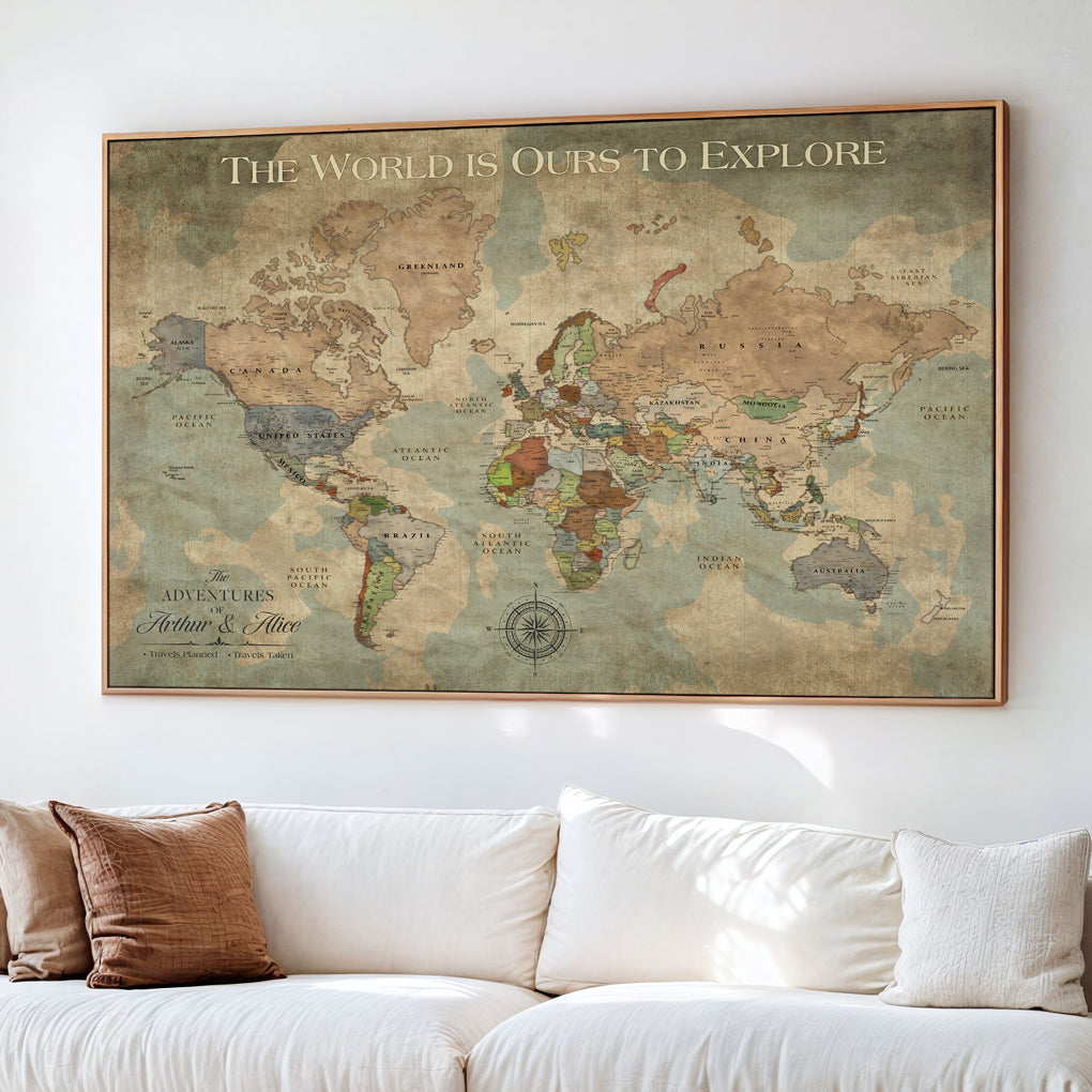 45566494-MGV-CV-36X24-Framed Personalized Push Pin World Map Custom Travel Wall Art Gift Anniversary Canvas for Home Decoration Adventure Collectors