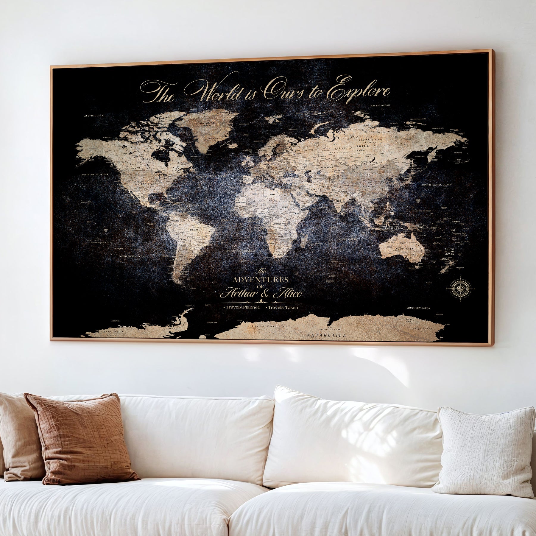 21010471-MGV-CV-36X24-Customize Push Pin World Map Wall Canvas Print, Personalized Travel Tracker with Pins, Framed Large Canvas for Home Office Decor - H37