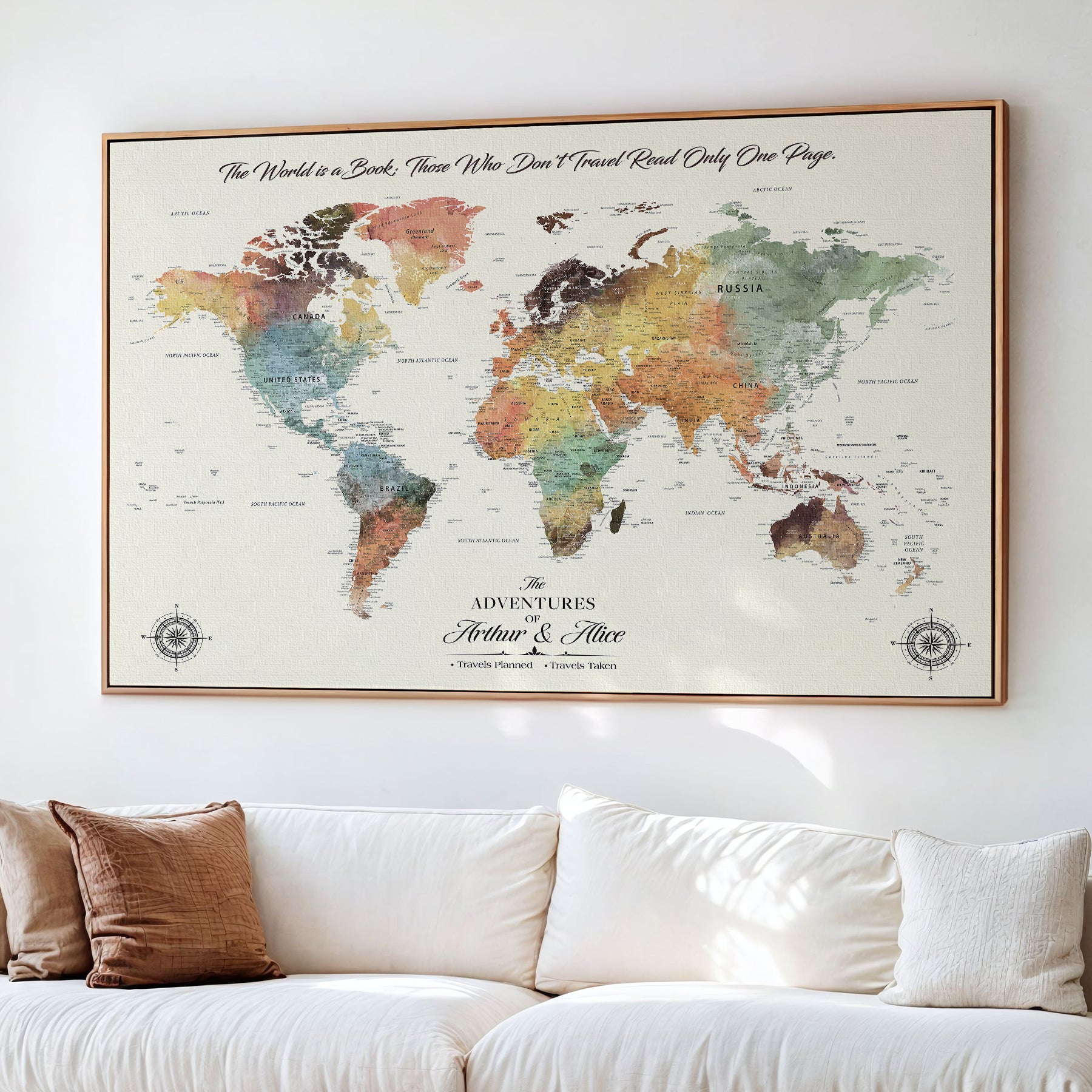 40183091-MGV-CV-36X24-Custom Framed World Map Canvas Print – Personalized Push Pin Travel Tracker Gift for Couples, Weddings, or Anniversary Celebrations