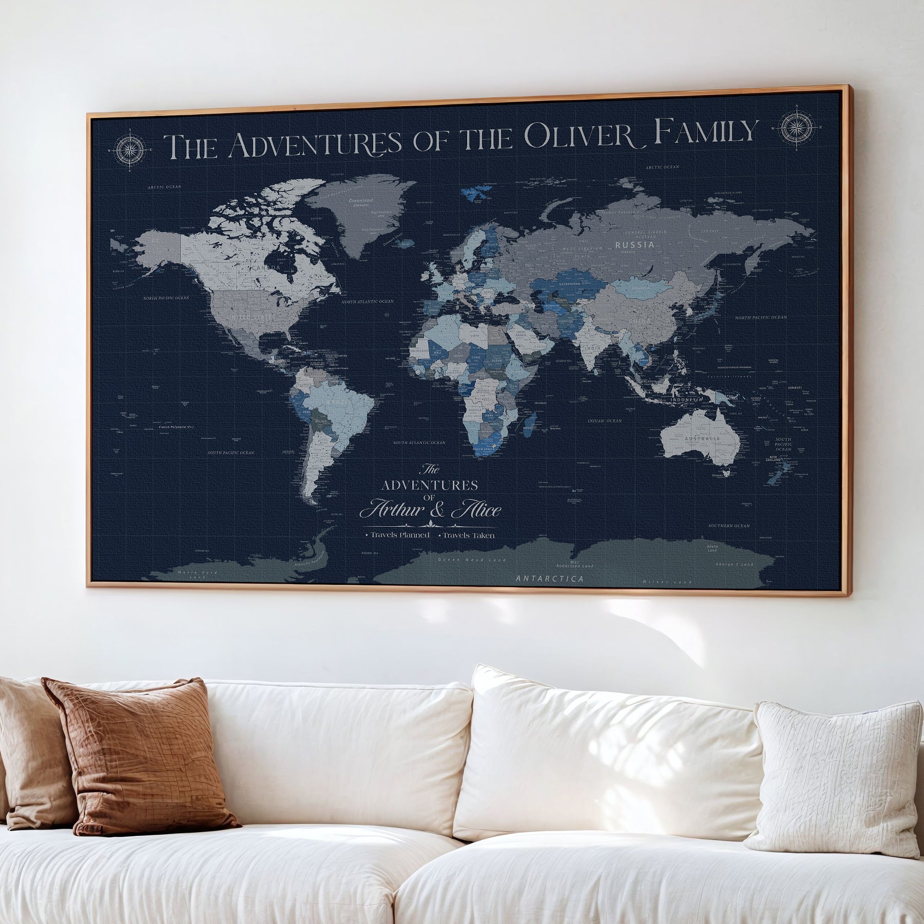 11352707-MGV-CV-36X24-Custom Push Pin World Map Wall Canvas Print – Personalized Travel Tracker with Pins – Framed Large Multi-Size Canvas for Home Office Decor