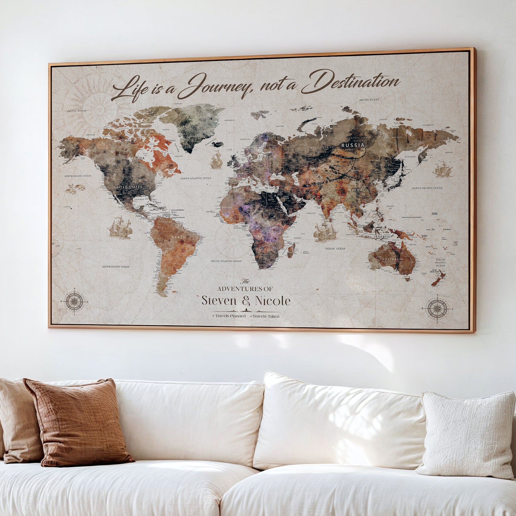 96000140-MGV-CV-36X24-Custom Push Pin World Map Wall Canvas Print – Personalized Travel Tracker with Pins – Framed Large Multi-Size Canvas for Home Office Decor