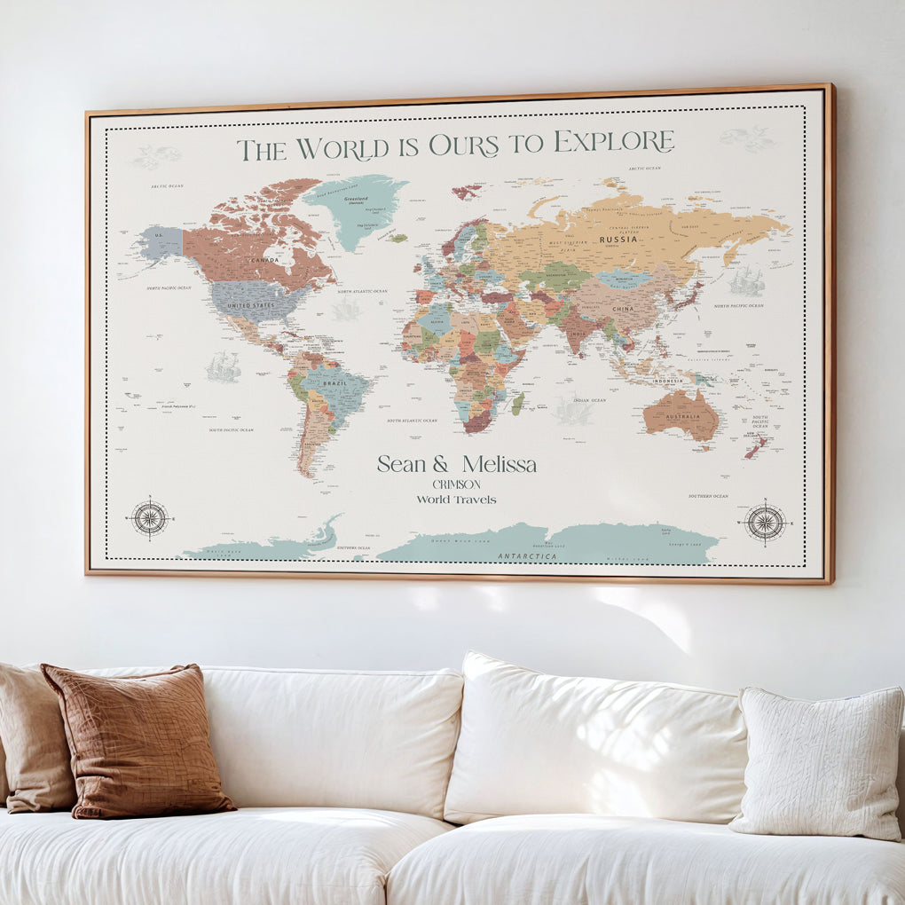 45566494-MGV-CV-36X24-Customizable World Map Push Pin Canvas Personalized Travel Gift Framed Adventure Tracker for Vacation Memories Anniversary Decor