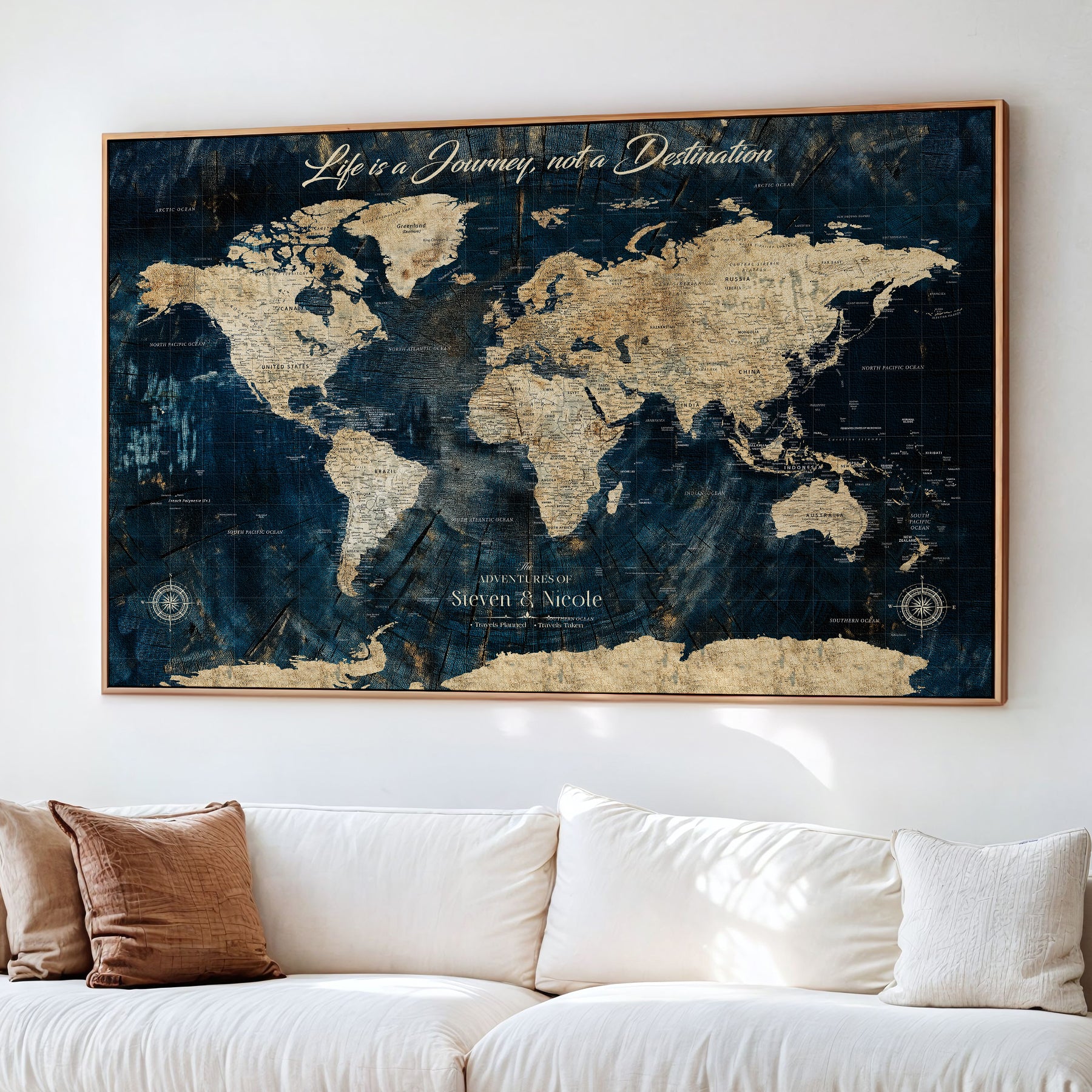 23551206-MGV-CV-36X24-Custom Push Pin World Map Wall Canvas Print – Personalized Travel Tracker with Pins – Framed Large Multi-Size Canvas for Home Office Decor