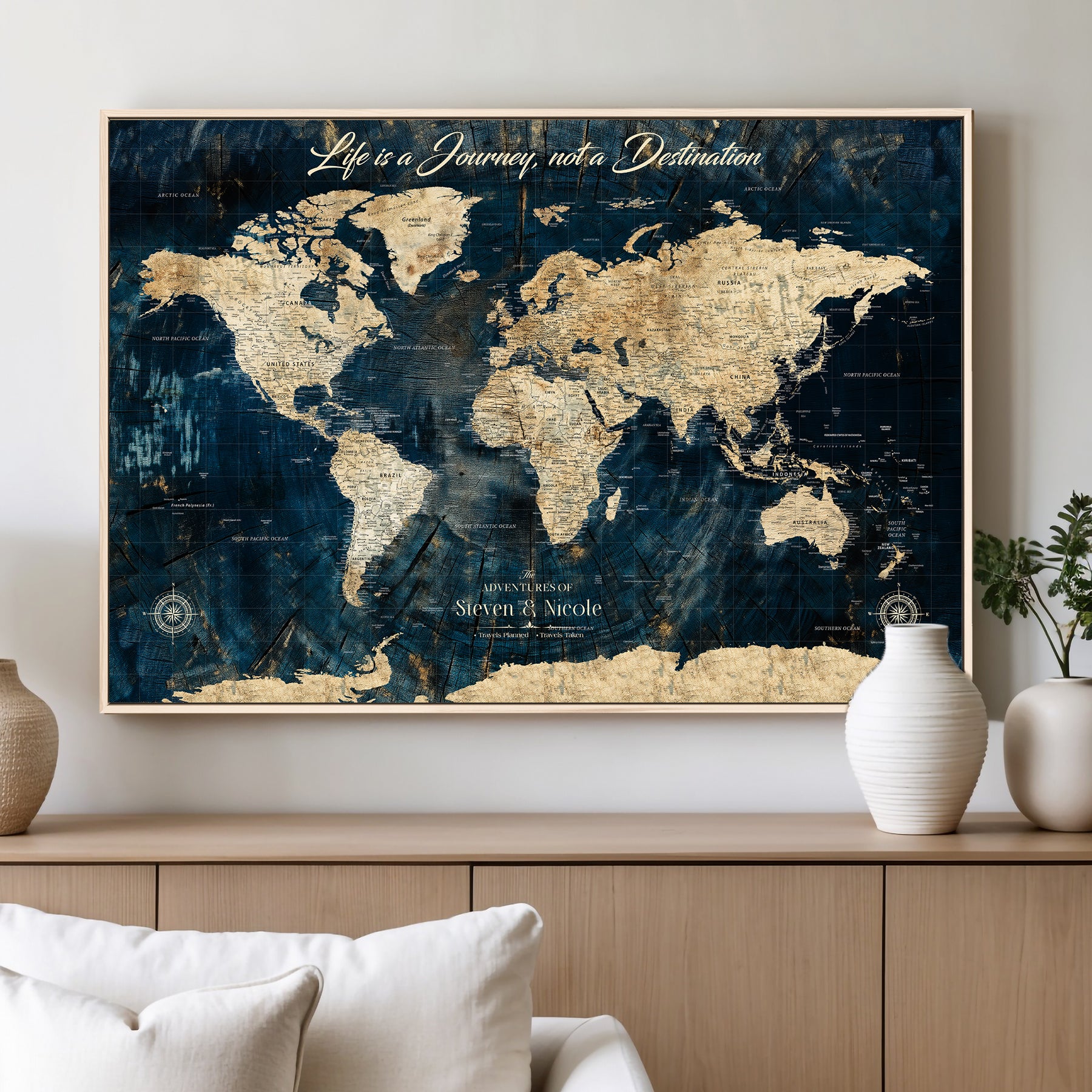 23551206-MGV-CV-36X24-Custom Push Pin World Map Wall Canvas Print – Personalized Travel Tracker with Pins – Framed Large Multi-Size Canvas for Home Office Decor