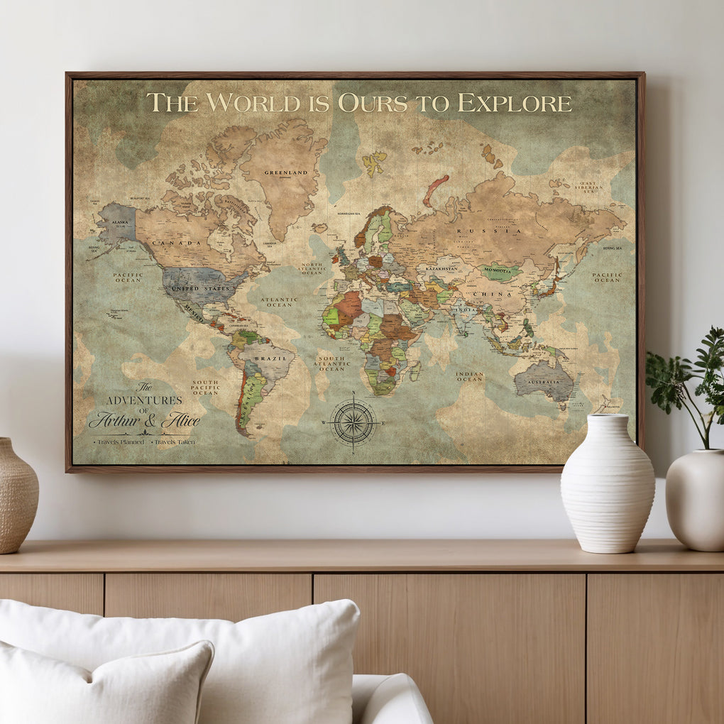 45566494-MGV-CV-36X24-Framed Personalized Push Pin World Map Custom Travel Wall Art Gift Anniversary Canvas for Home Decoration Adventure Collectors