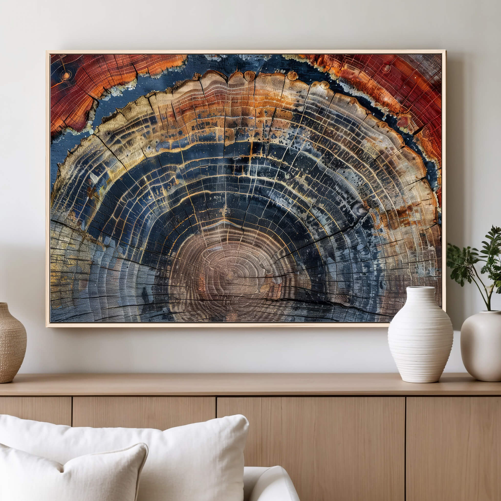 63519-MGV-FC-48X32-3P_Walnut-Abstract Tree Ring Wall Art - Colorful Framed Tree Ring Wall Decor, Minimalist Home Canvas Art, Modern Farmhouse Decor