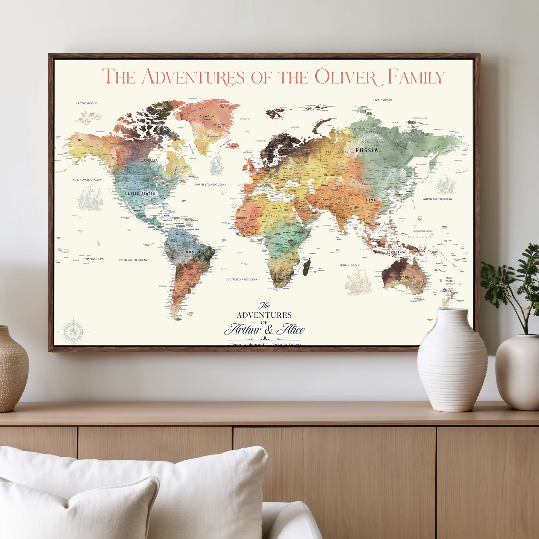 21888361-MGV-CV-36X24-Personalized World Map Wall Art Print – Custom Push Pin Travel Tracker Wall Art, Framed Gift for Couples, Anniversary, or Housewarming