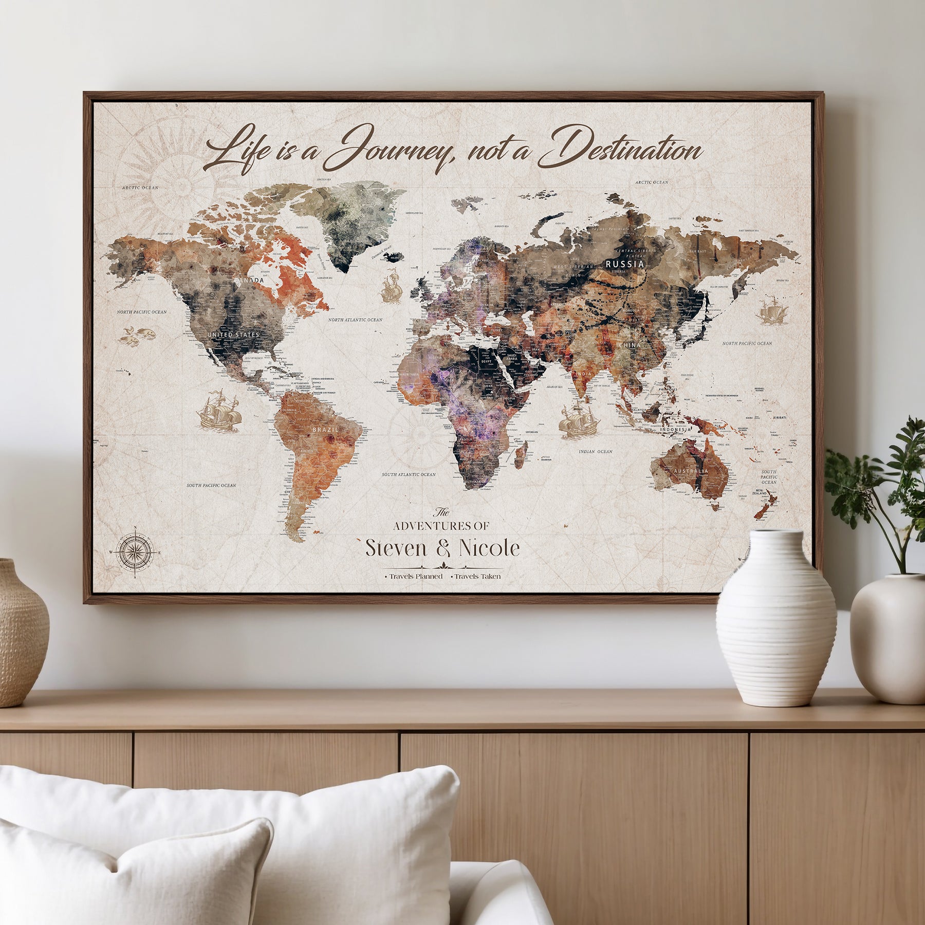 96000140-MGV-CV-36X24-Custom Push Pin World Map Wall Canvas Print – Personalized Travel Tracker with Pins – Framed Large Multi-Size Canvas for Home Office Decor