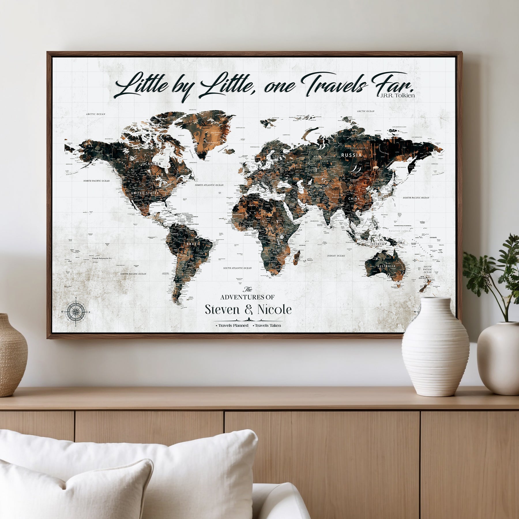 89231588-MGV-CV-36X24-Custom Push Pin World Map Wall Canvas Print – Personalized Travel Tracker with Pins – Framed Large Multi-Size Canvas for Home Office Decor