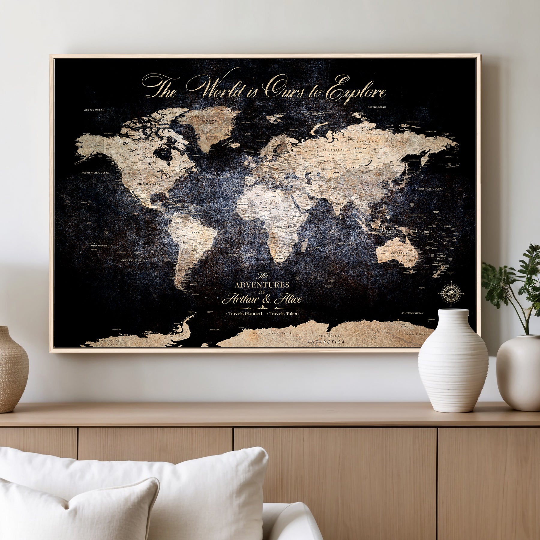 21010471-MGV-CV-36X24-Customize Push Pin World Map Wall Canvas Print, Personalized Travel Tracker with Pins, Framed Large Canvas for Home Office Decor - H37