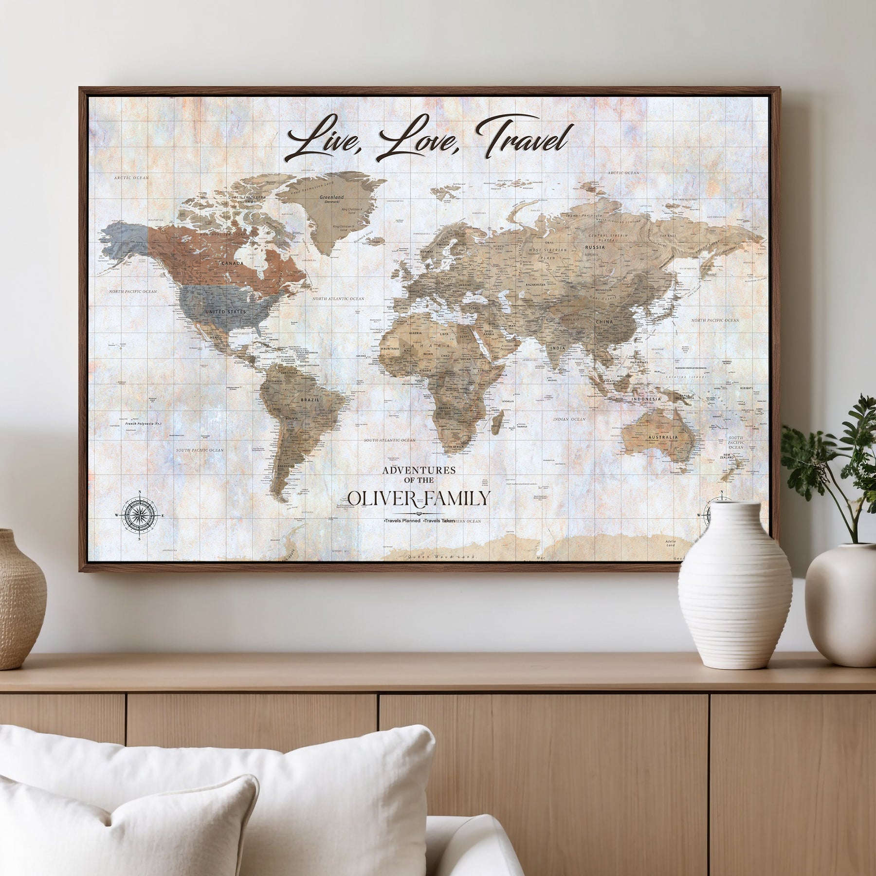 76256172-MGV-CV-36X24-Custom Push Pin World Map Wall Canvas Print – Personalized Travel Tracker with Pins – Framed Large Multi-Size Canvas for Home Office Decor