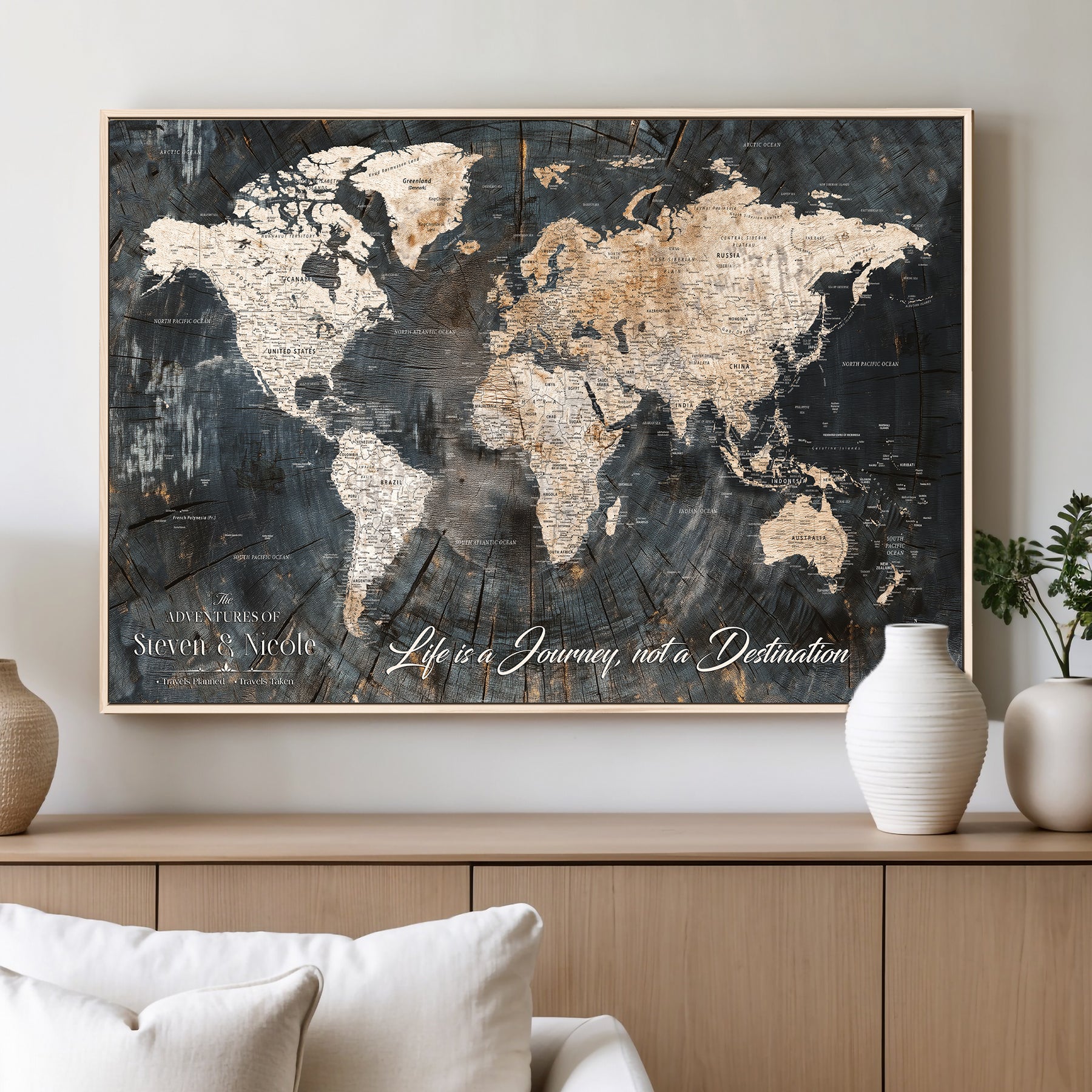 13001721-MGV-CV-36X24-Custom Push Pin World Map Wall Canvas Print – Personalized Travel Tracker with Pins – Framed Large Multi-Size Canvas for Home Office Decor